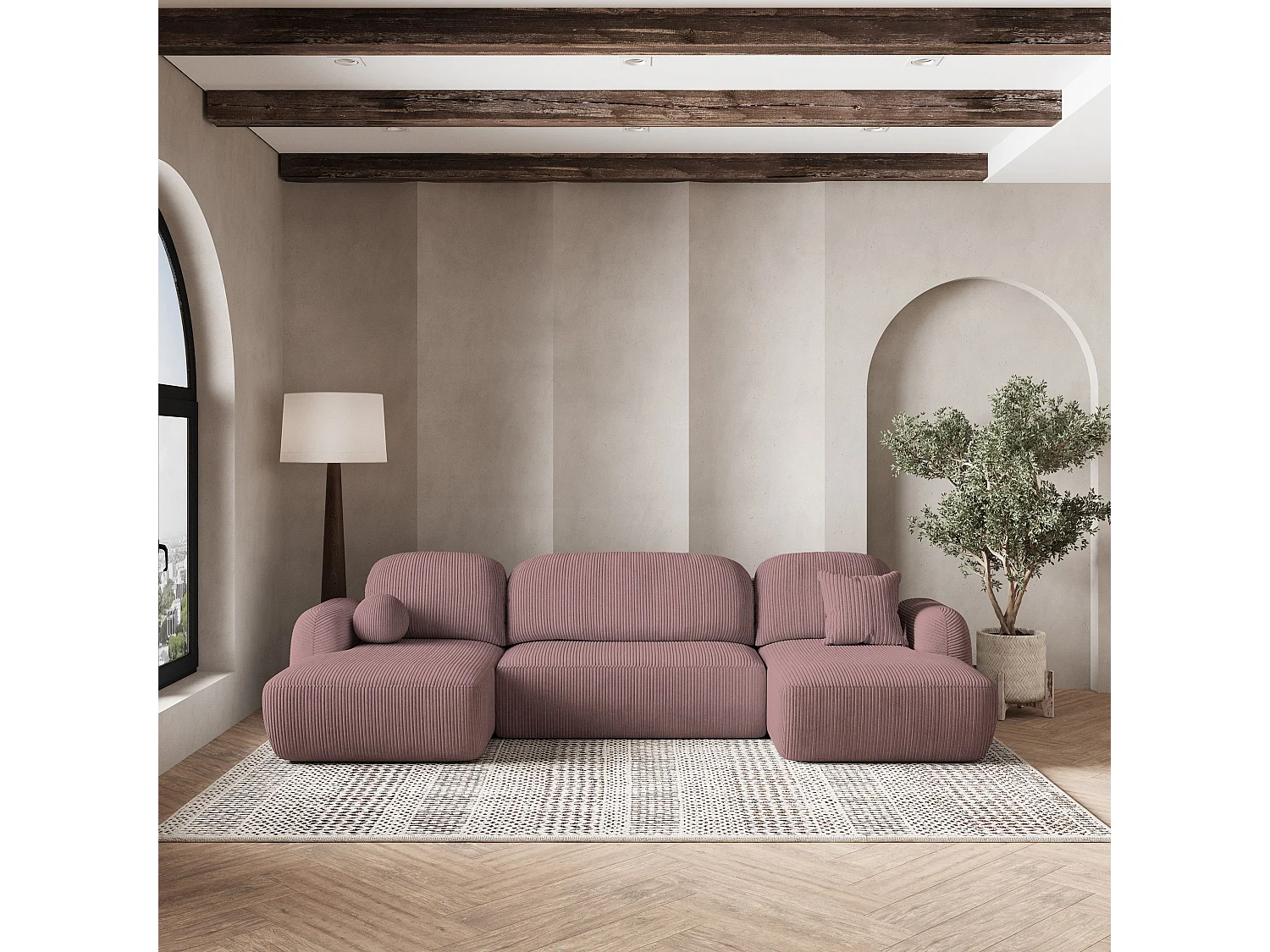 Canapé d'angle SAVONA Parme en velours côtelé avec fonction de couchage