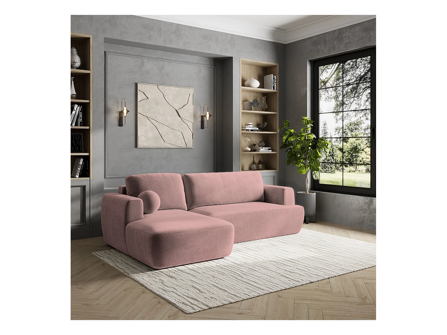 Canapé d'angle SENTI Rose poudré en peluche avec fonction de couchage