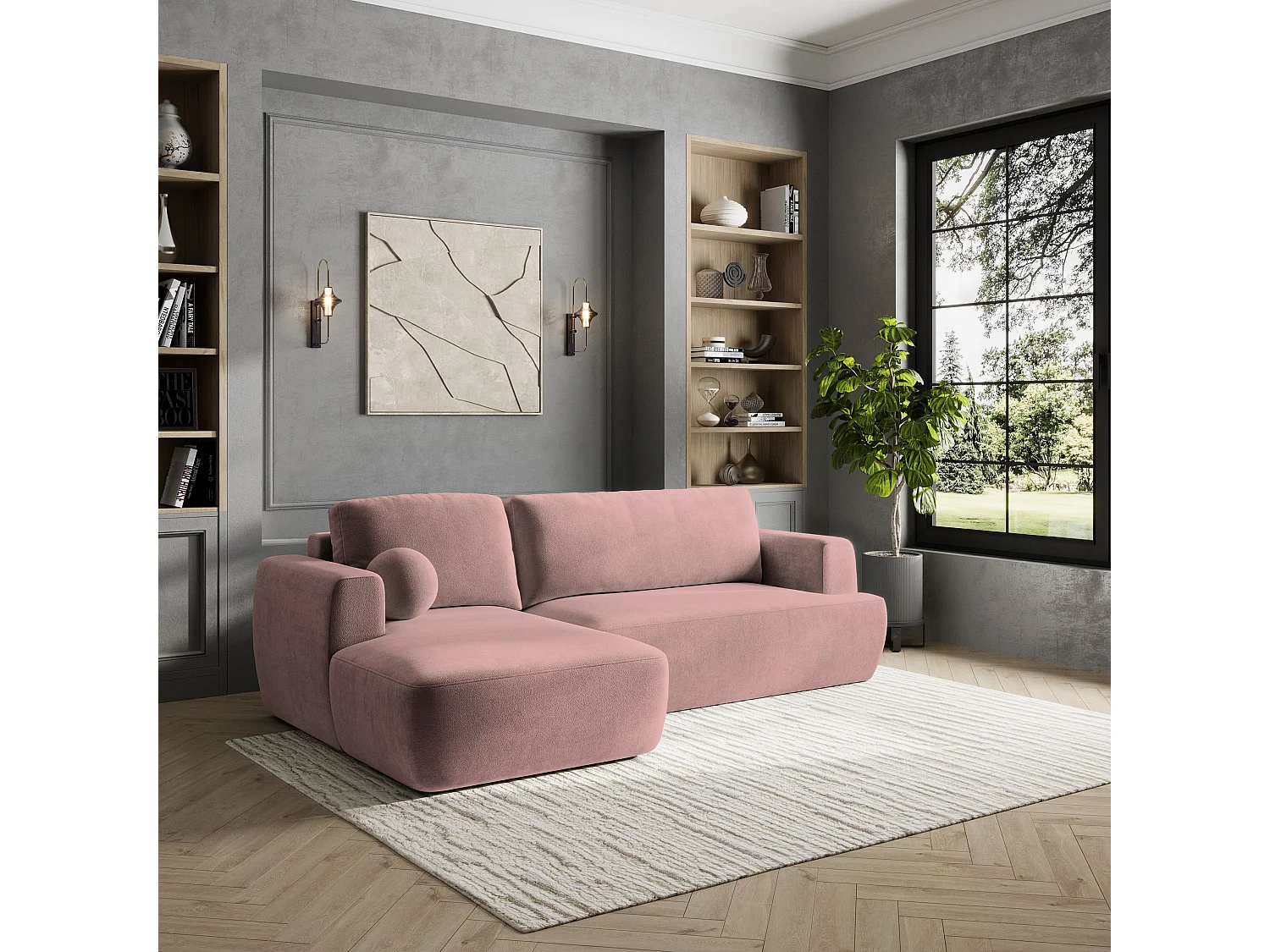 Canapé d'angle SENTI Rose poudré en peluche avec fonction de couchage