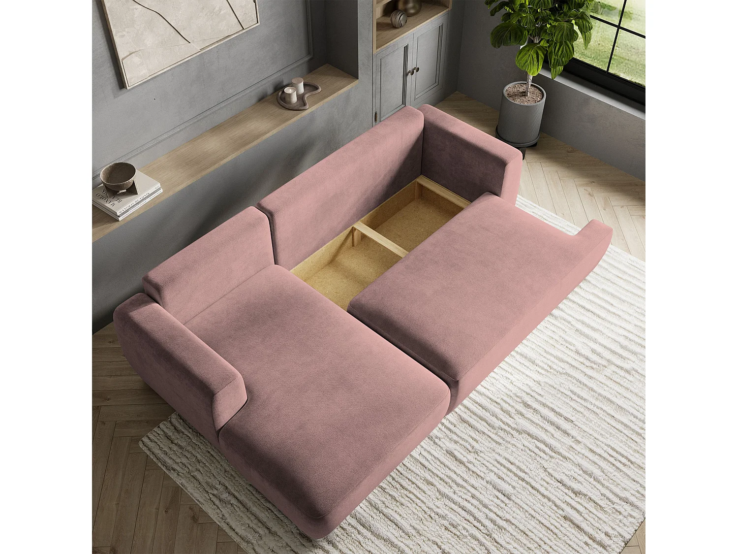 Canapé d'angle SENTI Rose poudré en peluche avec fonction de couchage