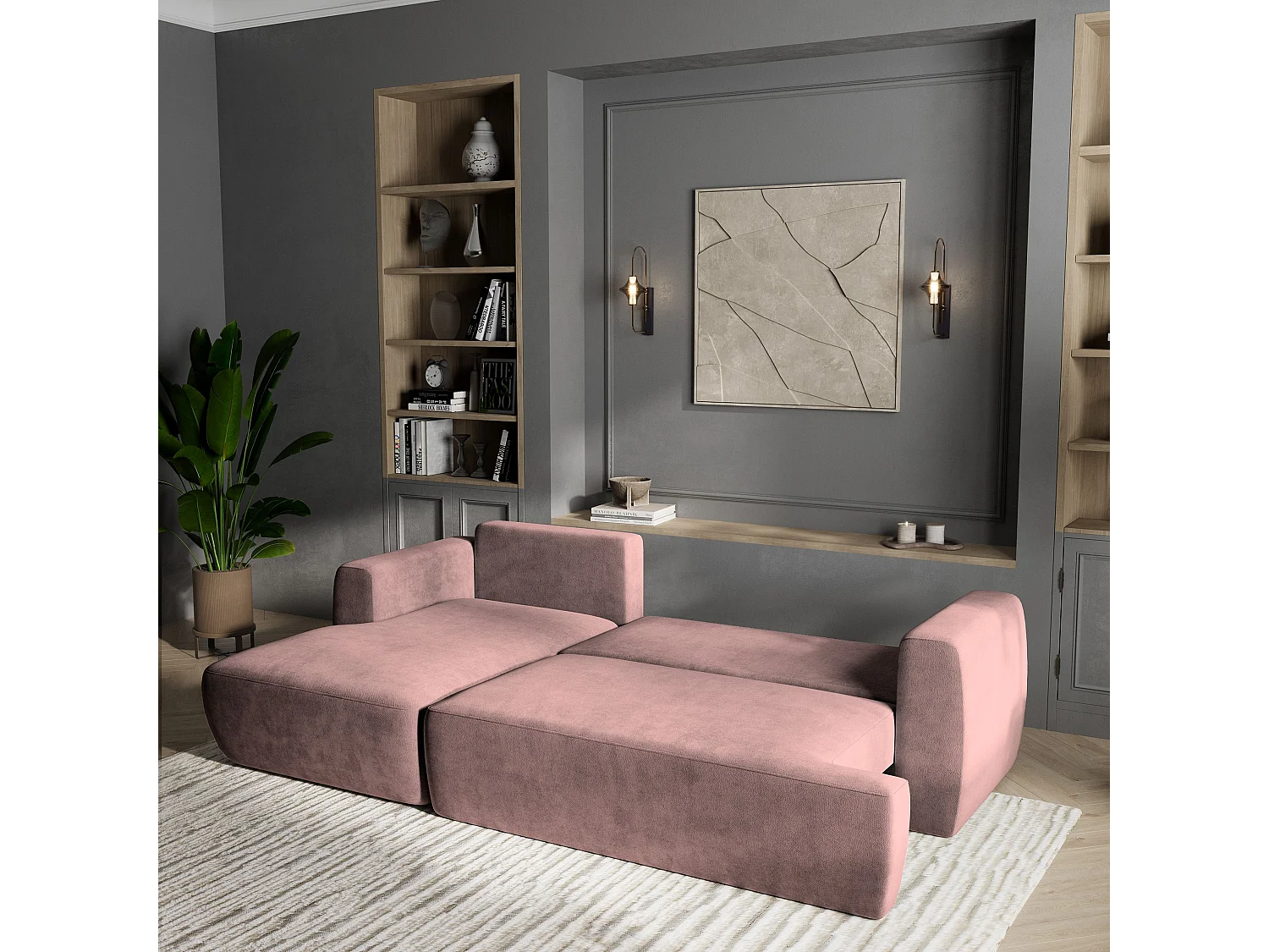 Canapé d'angle SENTI Rose poudré en peluche avec fonction de couchage