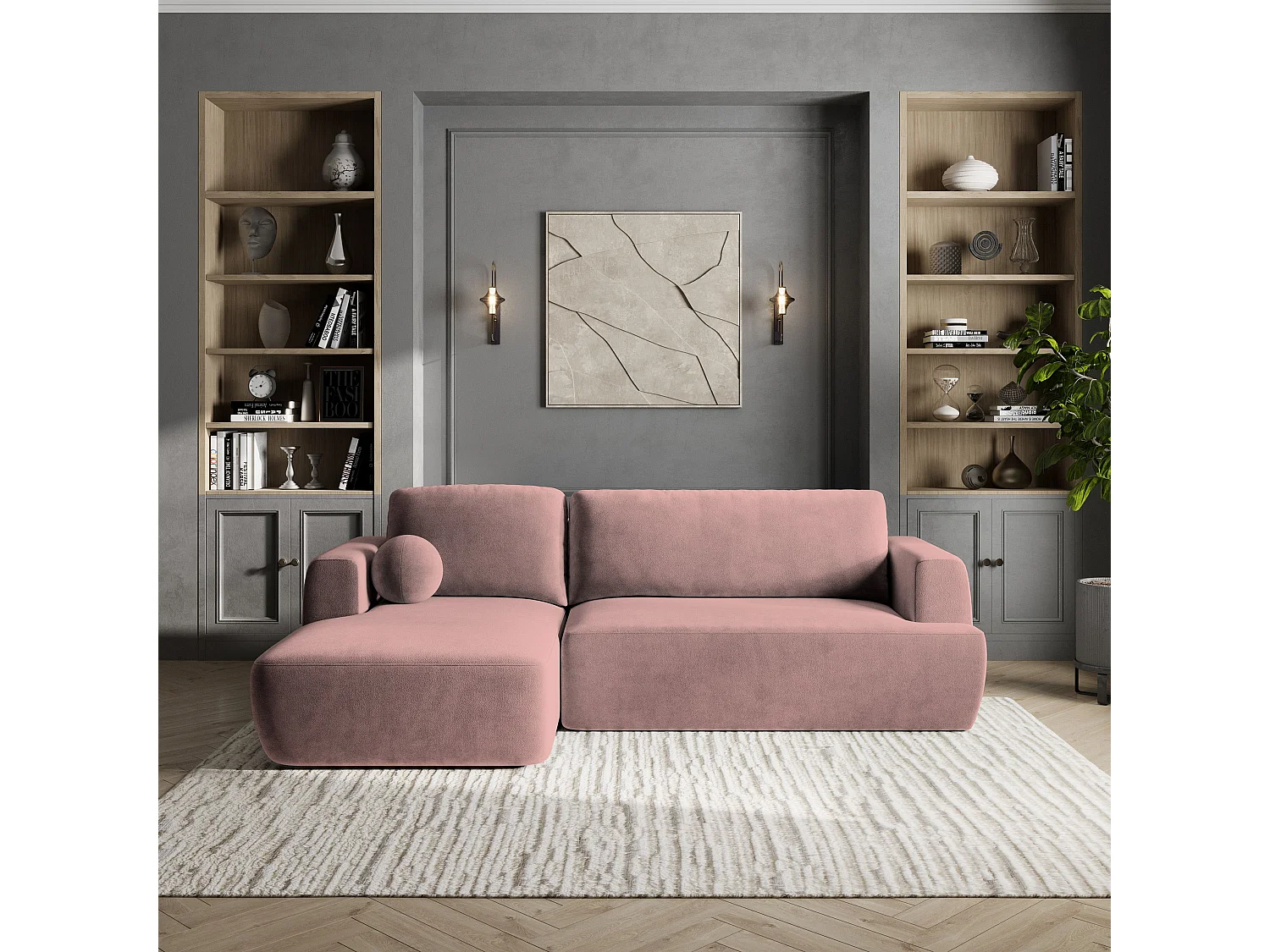 Canapé d'angle SENTI Rose poudré en peluche avec fonction de couchage