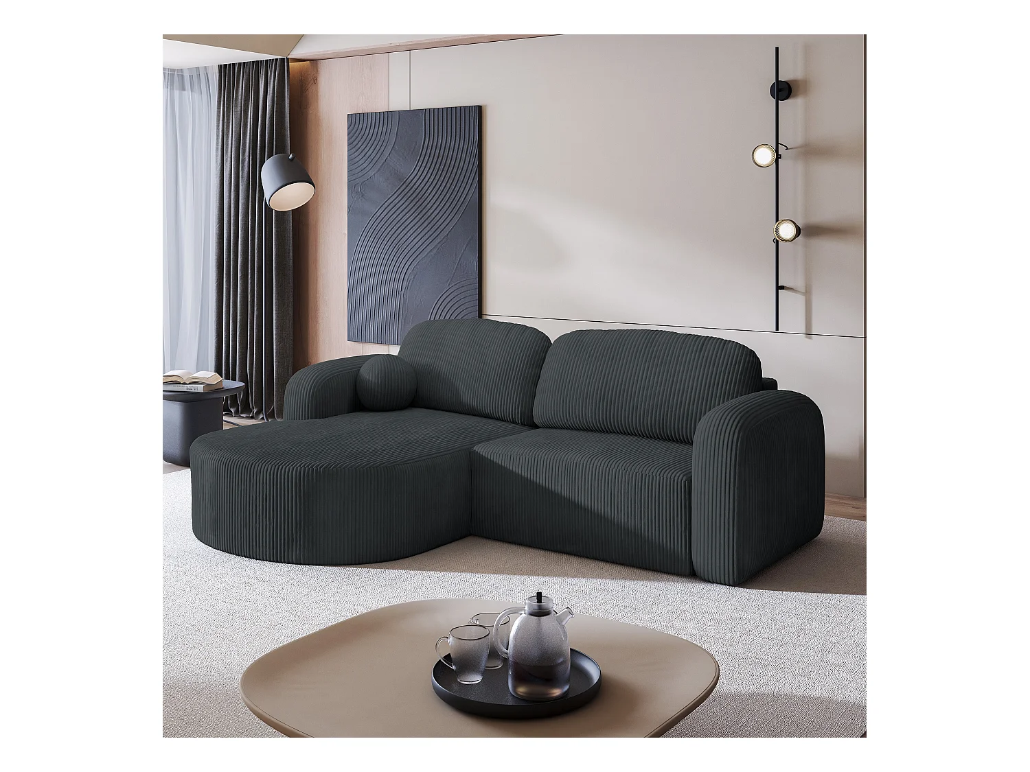 Canapé d'angle AMILIA Gris anthracite en velours côtelé avec fonction de couchage