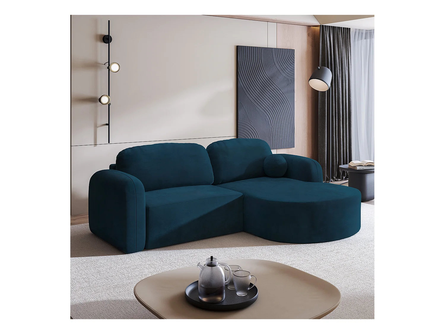 Canapé d'angle AMILIA Bleu en velours avec fonction de couchage