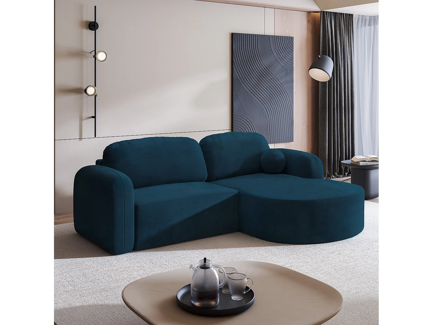 Canapé d'angle AMILIA Bleu en velours avec fonction de couchage