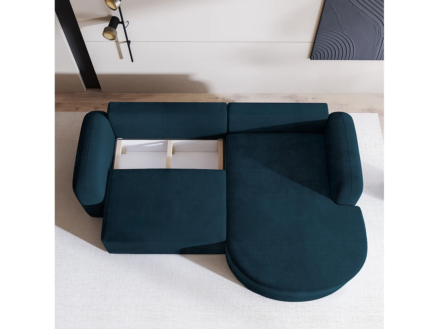 Canapé d'angle AMILIA Bleu en velours avec fonction de couchage