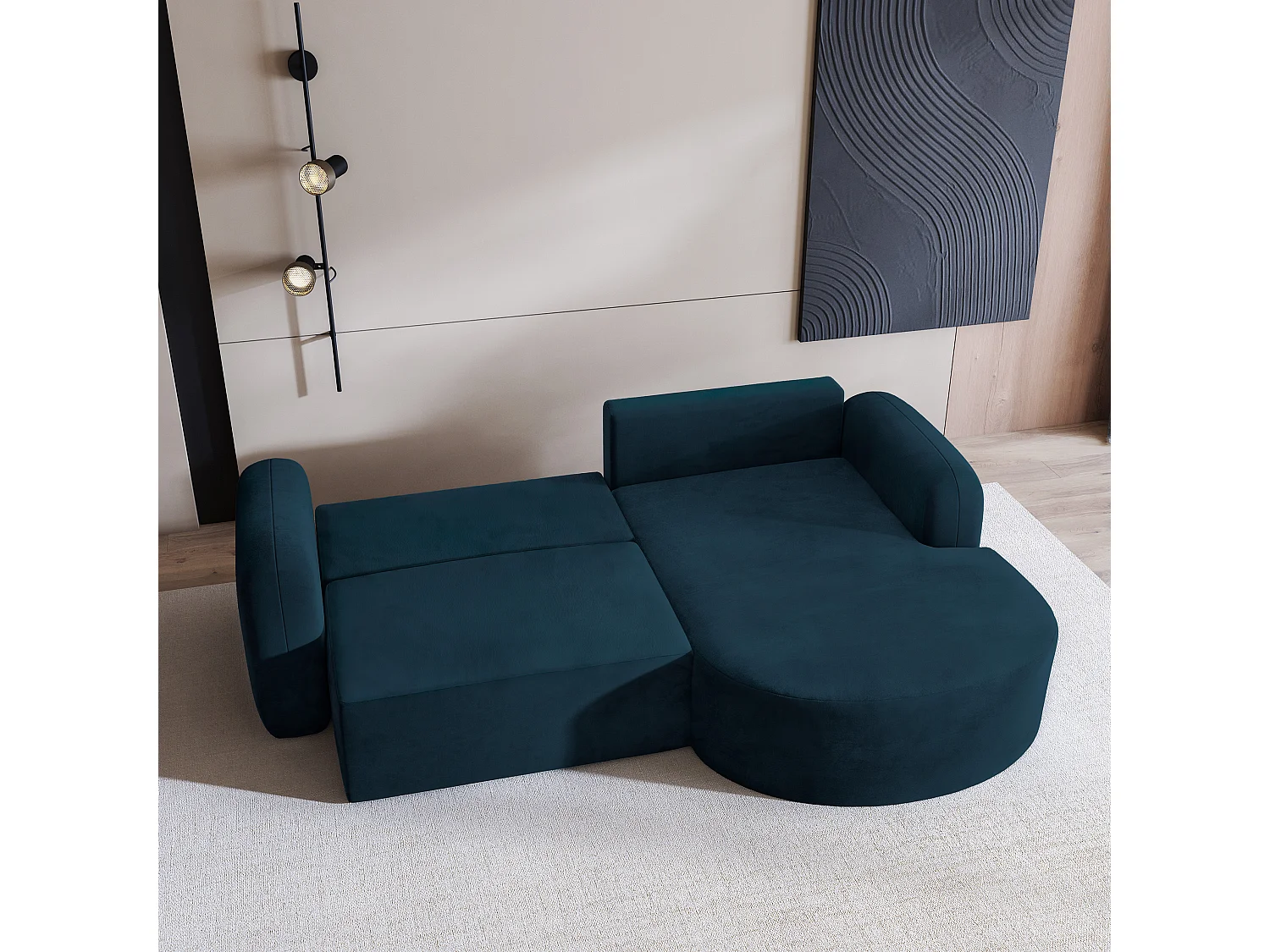 Canapé d'angle AMILIA Bleu en velours avec fonction de couchage