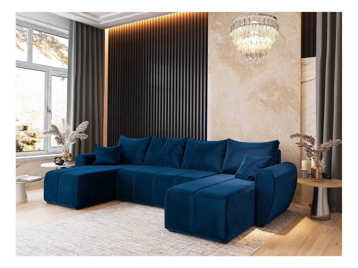 Canapé d'angle MADISON Bleu en peluche avec fonction de couchage