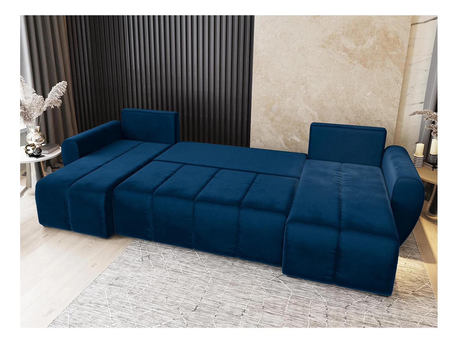 Canapé d'angle MADISON Bleu en peluche avec fonction de couchage