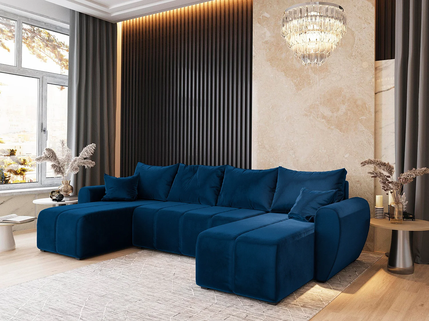 Hoekbank MADISON van fluweel met slaapfunctie Blau