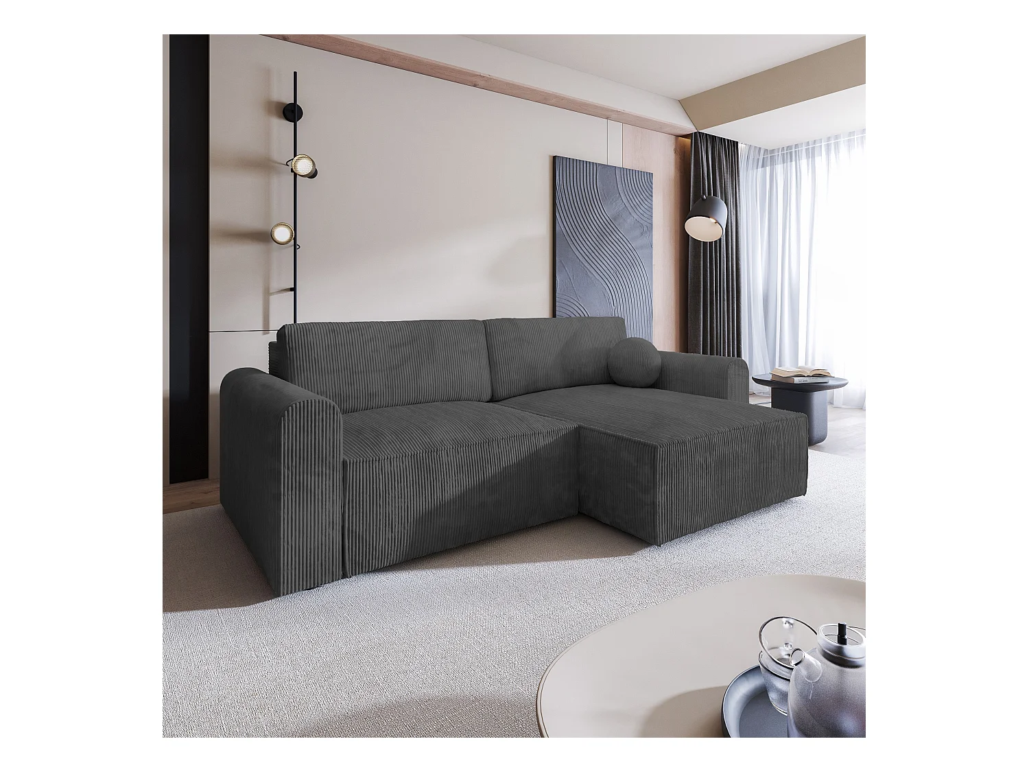 Canapé d'angle FIANO Gris anthracite en velours côtelé avec fonction de couchage