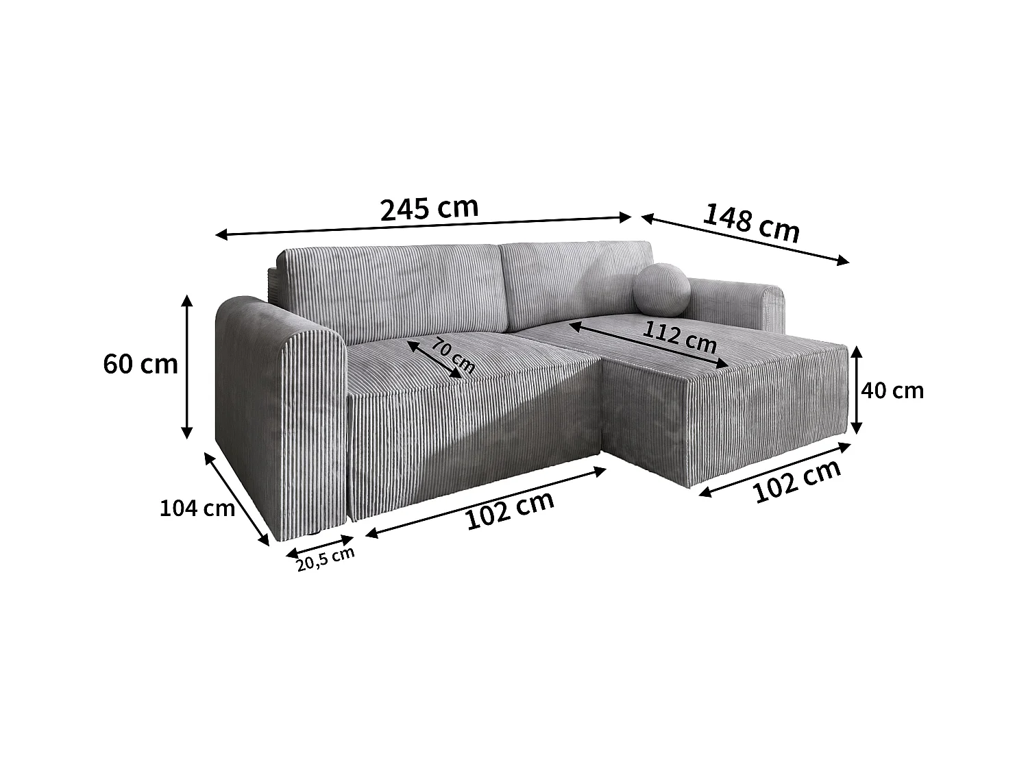 Canapé d'angle FIANO Gris anthracite en velours côtelé avec fonction de couchage