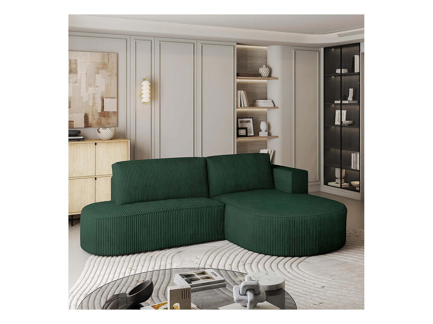Canapé d'angle CORTIO Vert en velours côtelé avec fonction de couchage