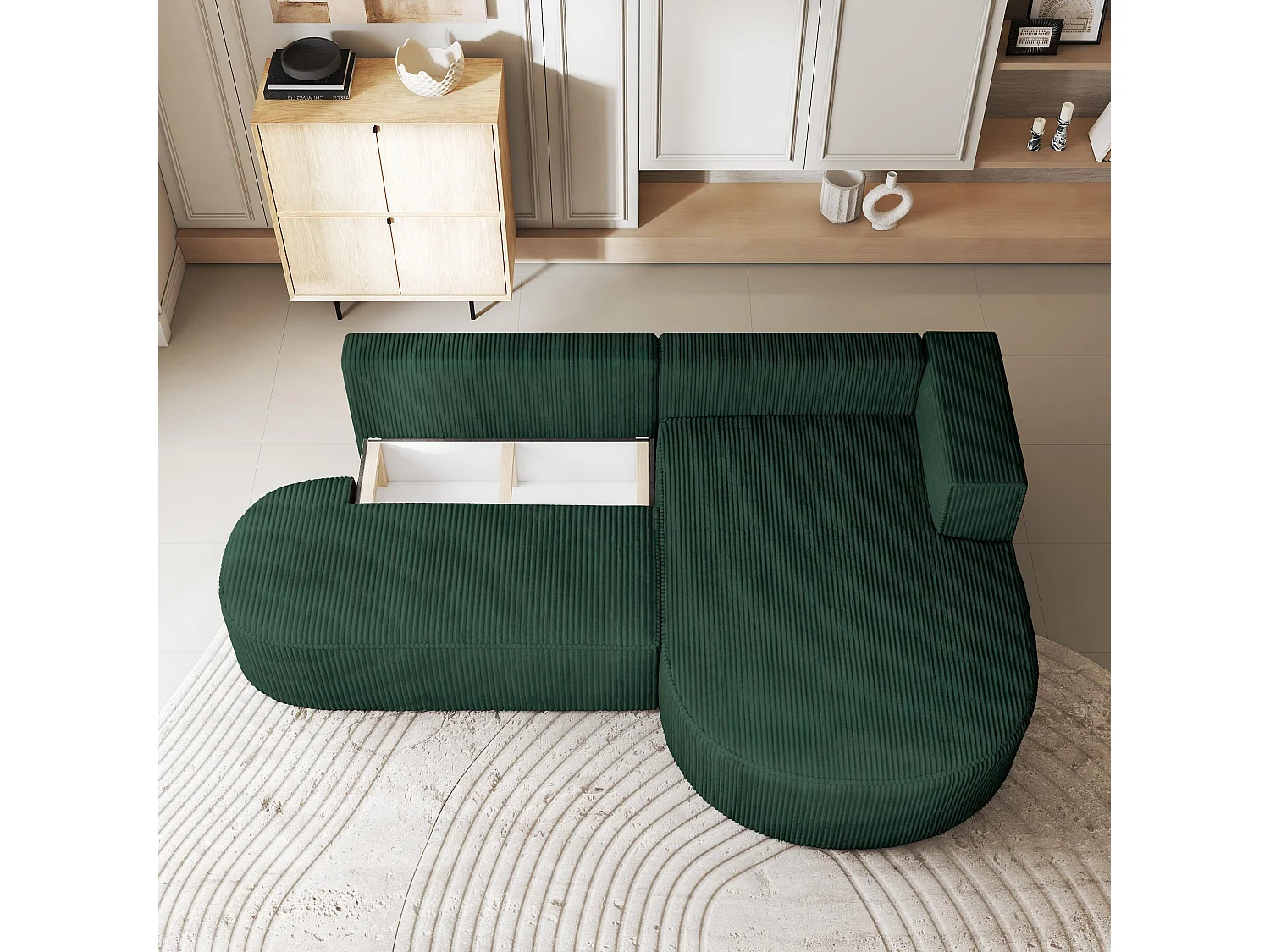 Canapé d'angle CORTIO Vert en velours côtelé avec fonction de couchage