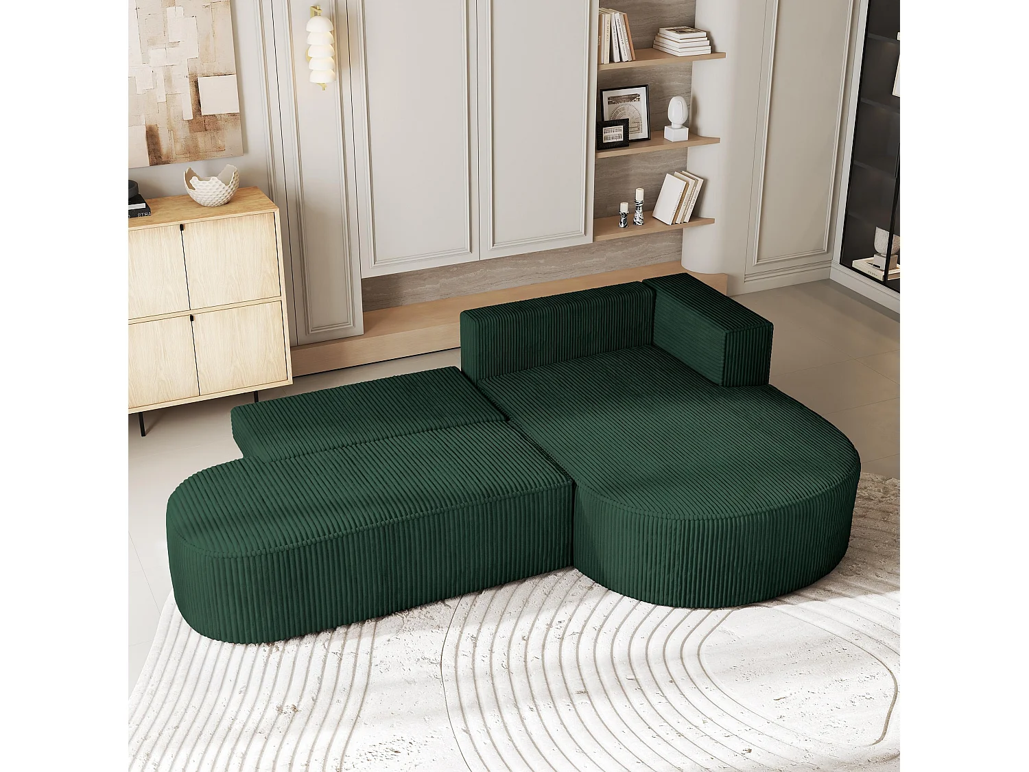 Canapé d'angle CORTIO Vert en velours côtelé avec fonction de couchage