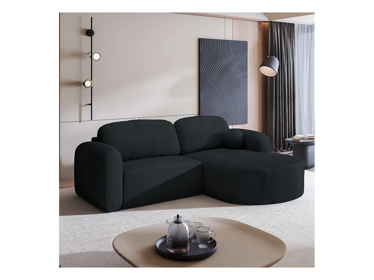 Canapé d'angle AMILIA Noir en velours côtelé avec fonction de couchage