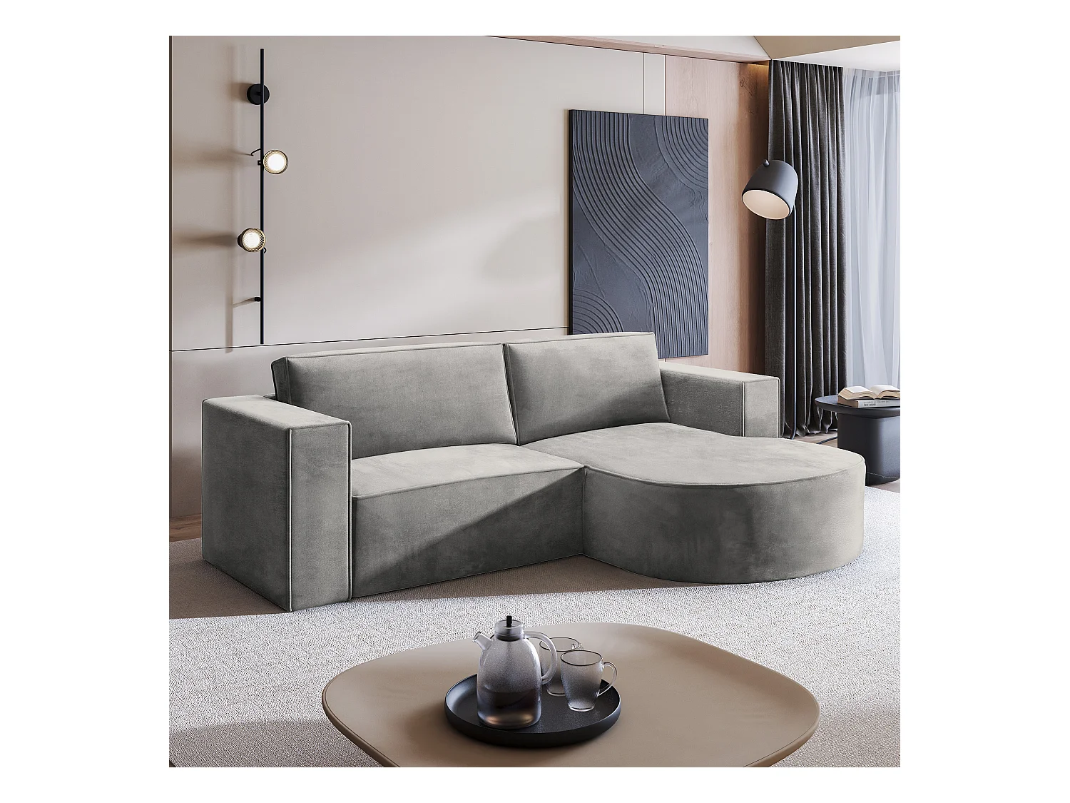 Canapé d'angle SORELA Gris clair en velours avec fonction de couchage