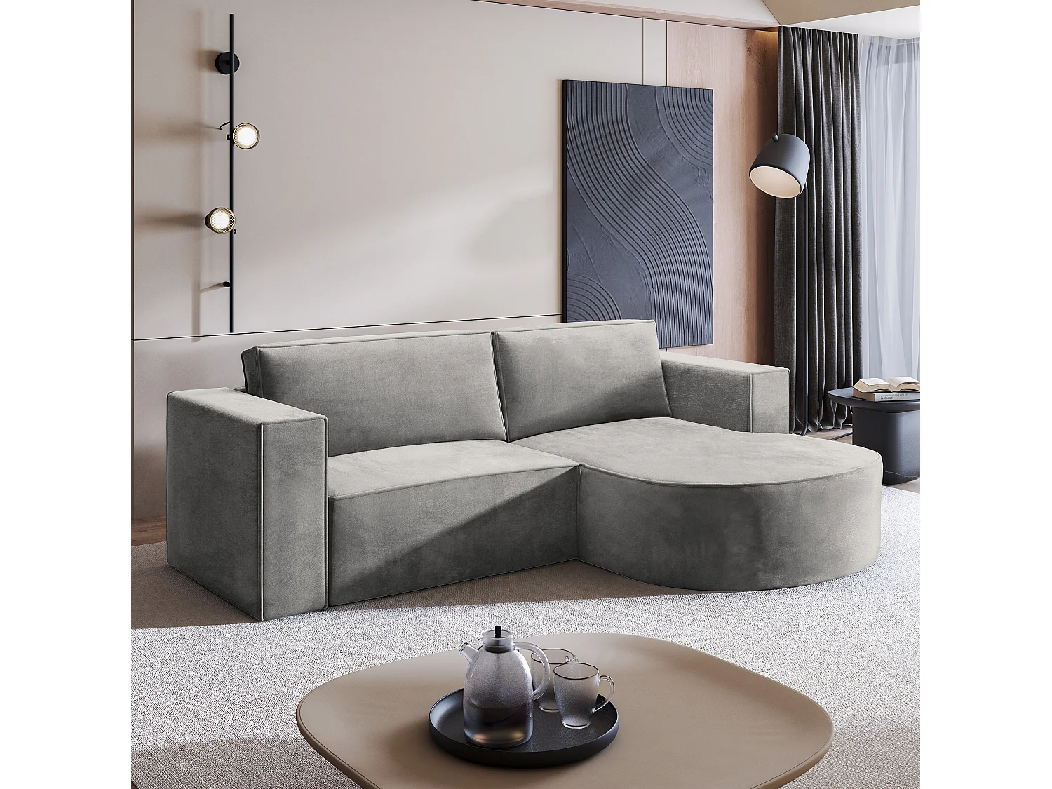 Canapé d'angle SORELA Gris clair en velours avec fonction de couchage