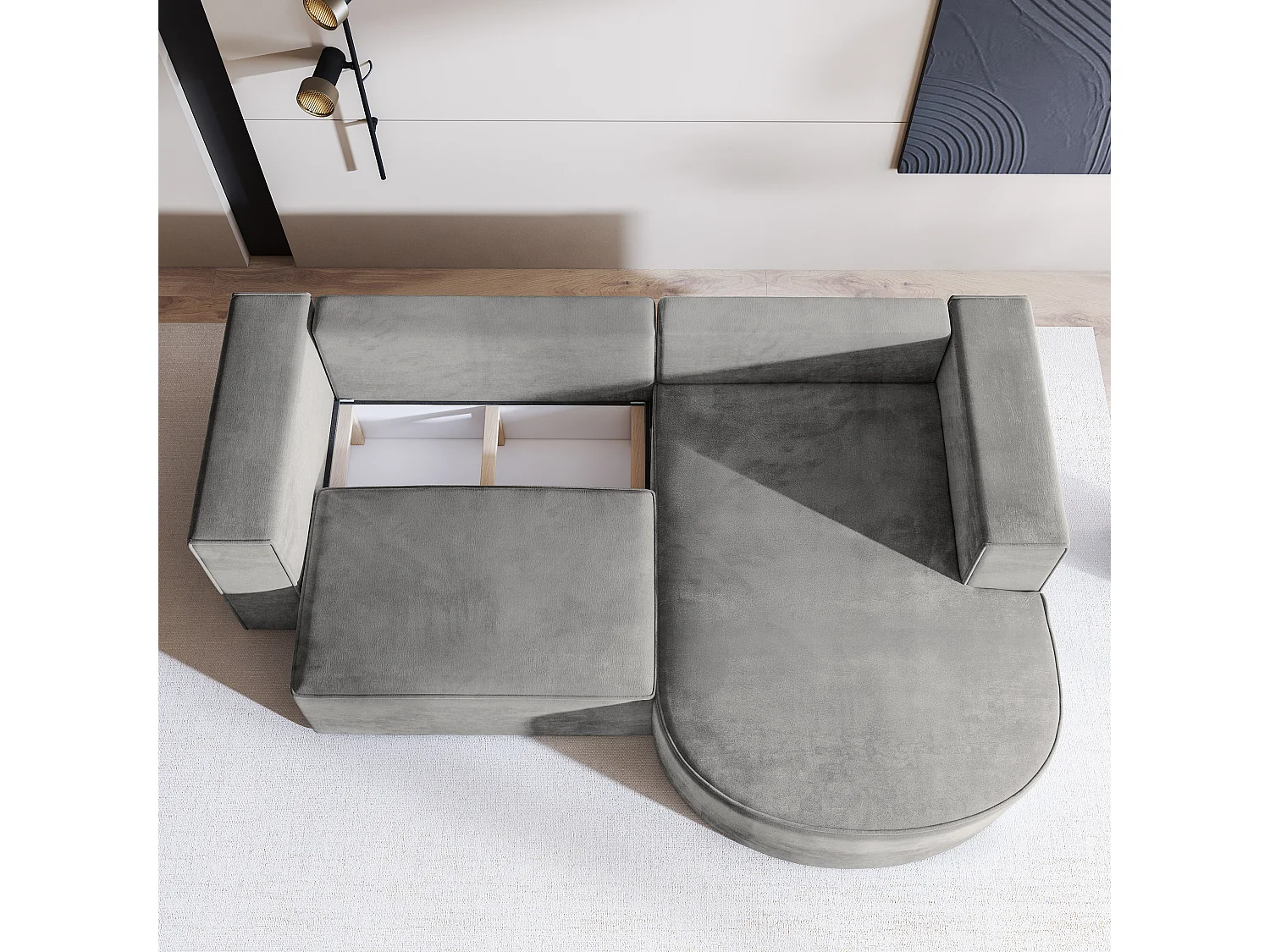 Canapé d'angle SORELA Gris clair en velours avec fonction de couchage