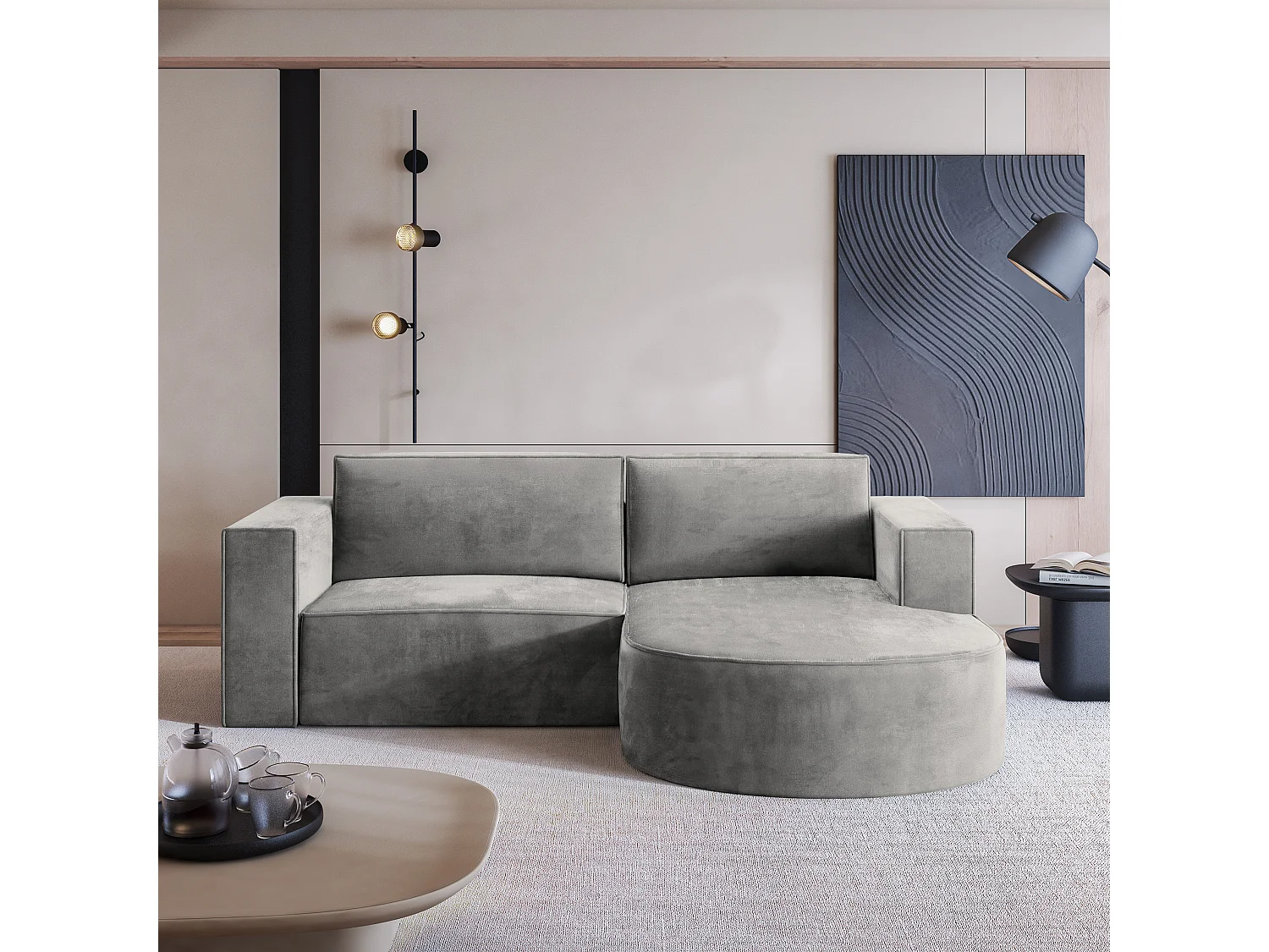 Canapé d'angle SORELA Gris clair en velours avec fonction de couchage