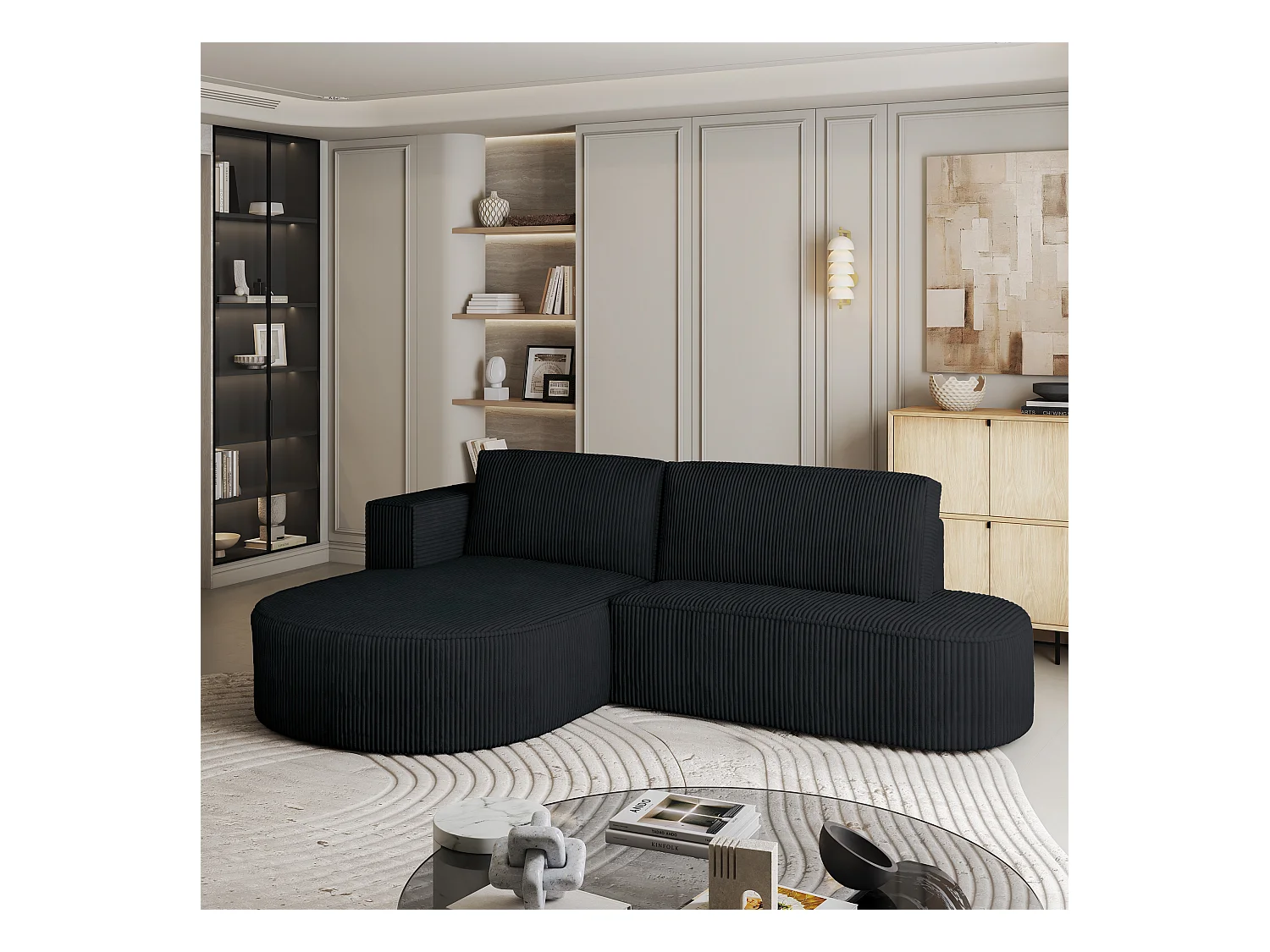 Canapé d'angle CORTIO Noir en velours côtelé avec fonction de couchage