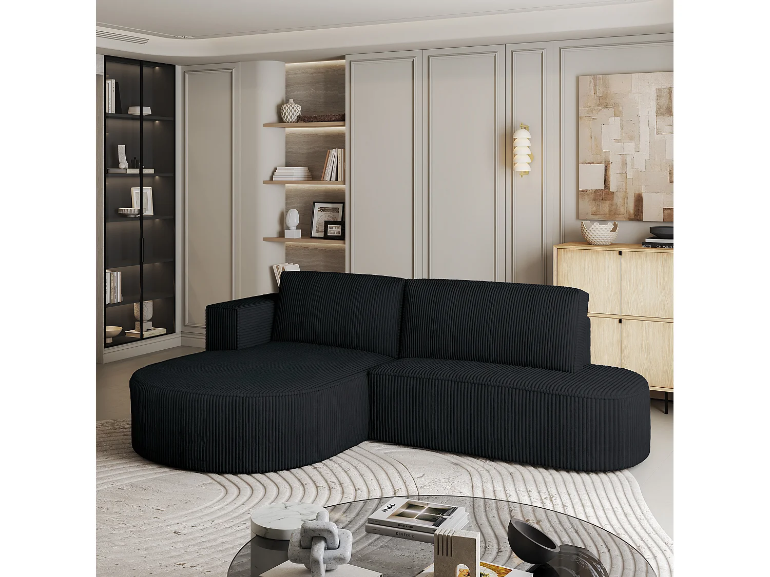 Canapé d'angle CORTIO Noir en velours côtelé avec fonction de couchage