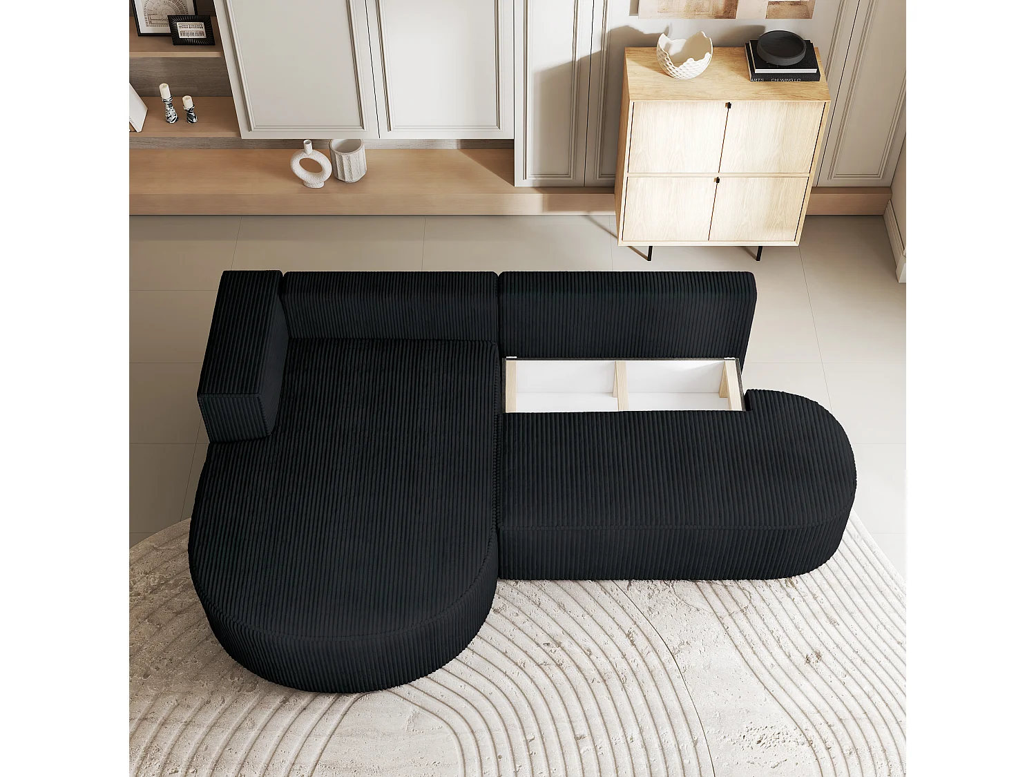 Canapé d'angle CORTIO Noir en velours côtelé avec fonction de couchage