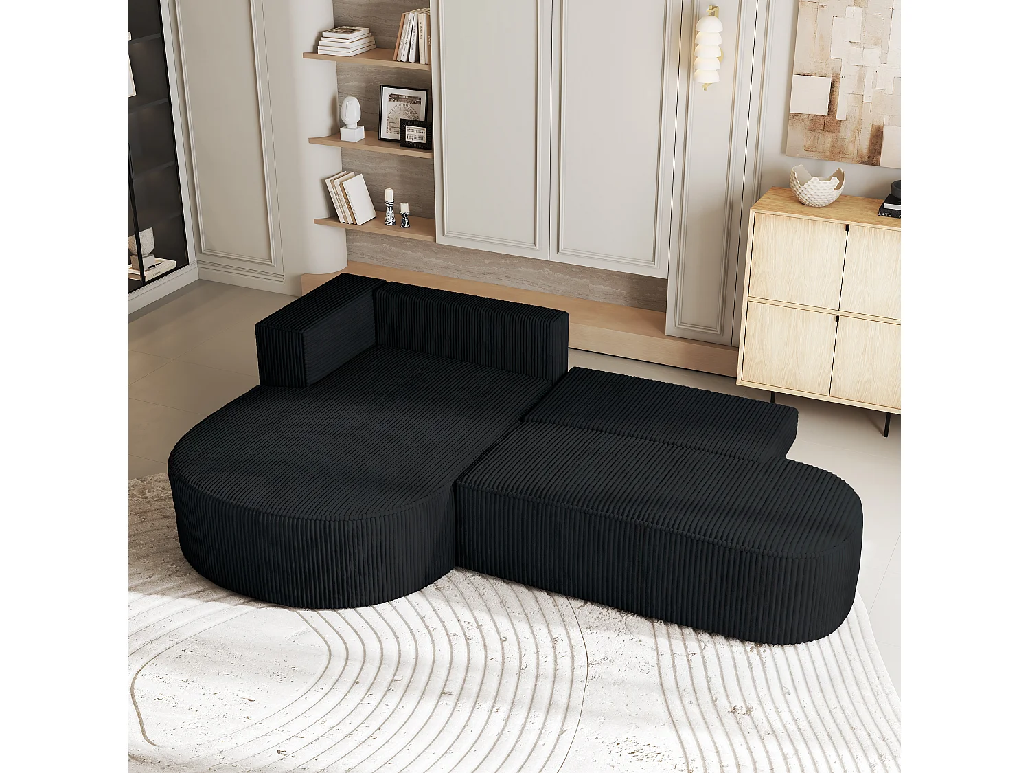 Canapé d'angle CORTIO Noir en velours côtelé avec fonction de couchage