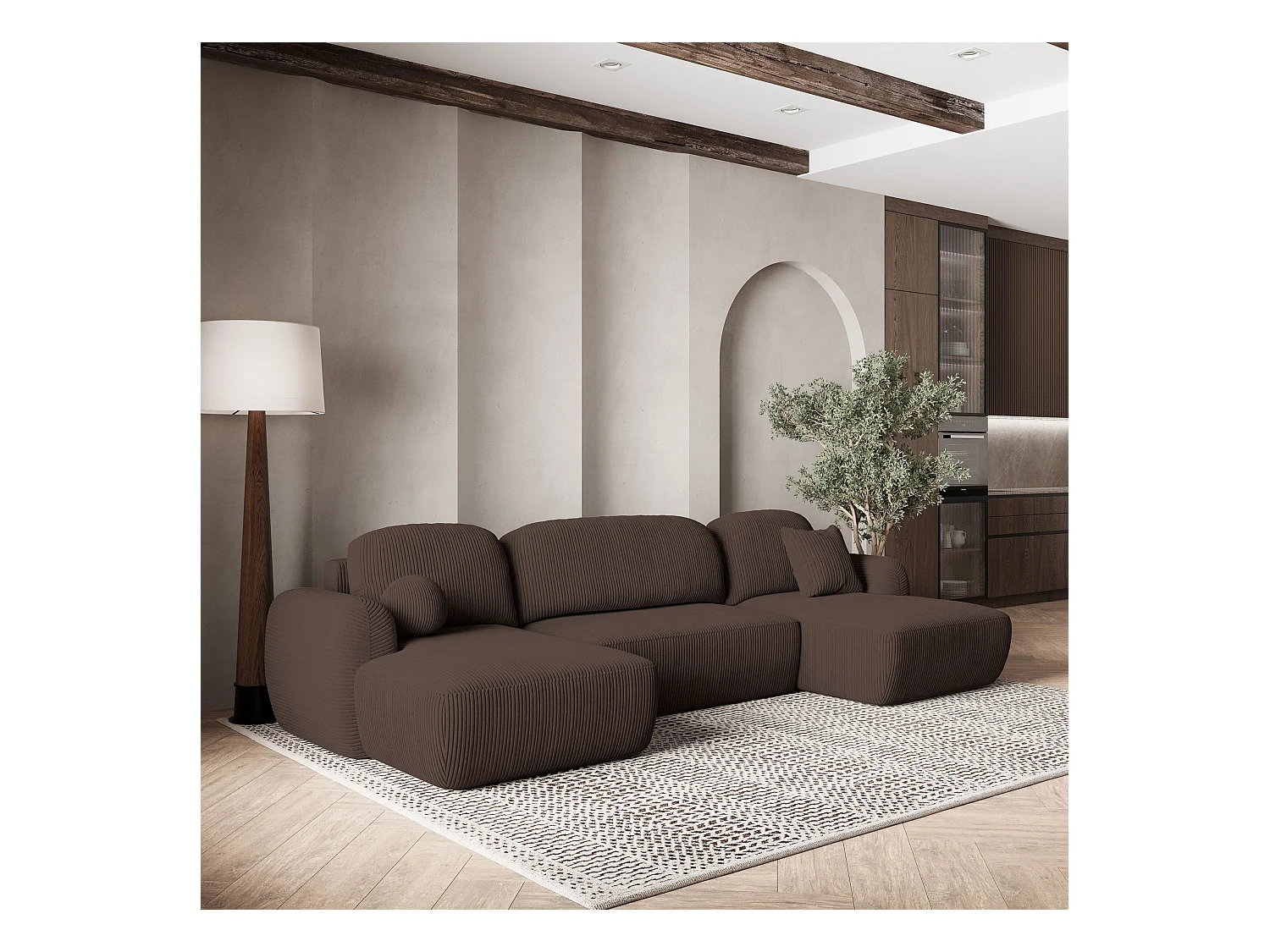 Canapé d'angle SAVONA Marron en velours côtelé avec fonction de couchage