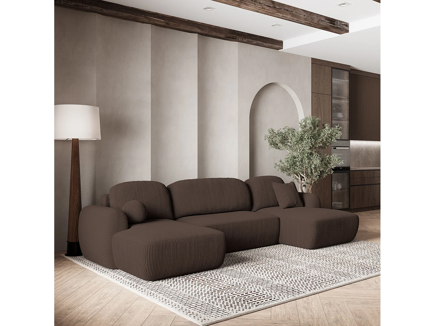 Canapé d'angle SAVONA Marron en velours côtelé avec fonction de couchage