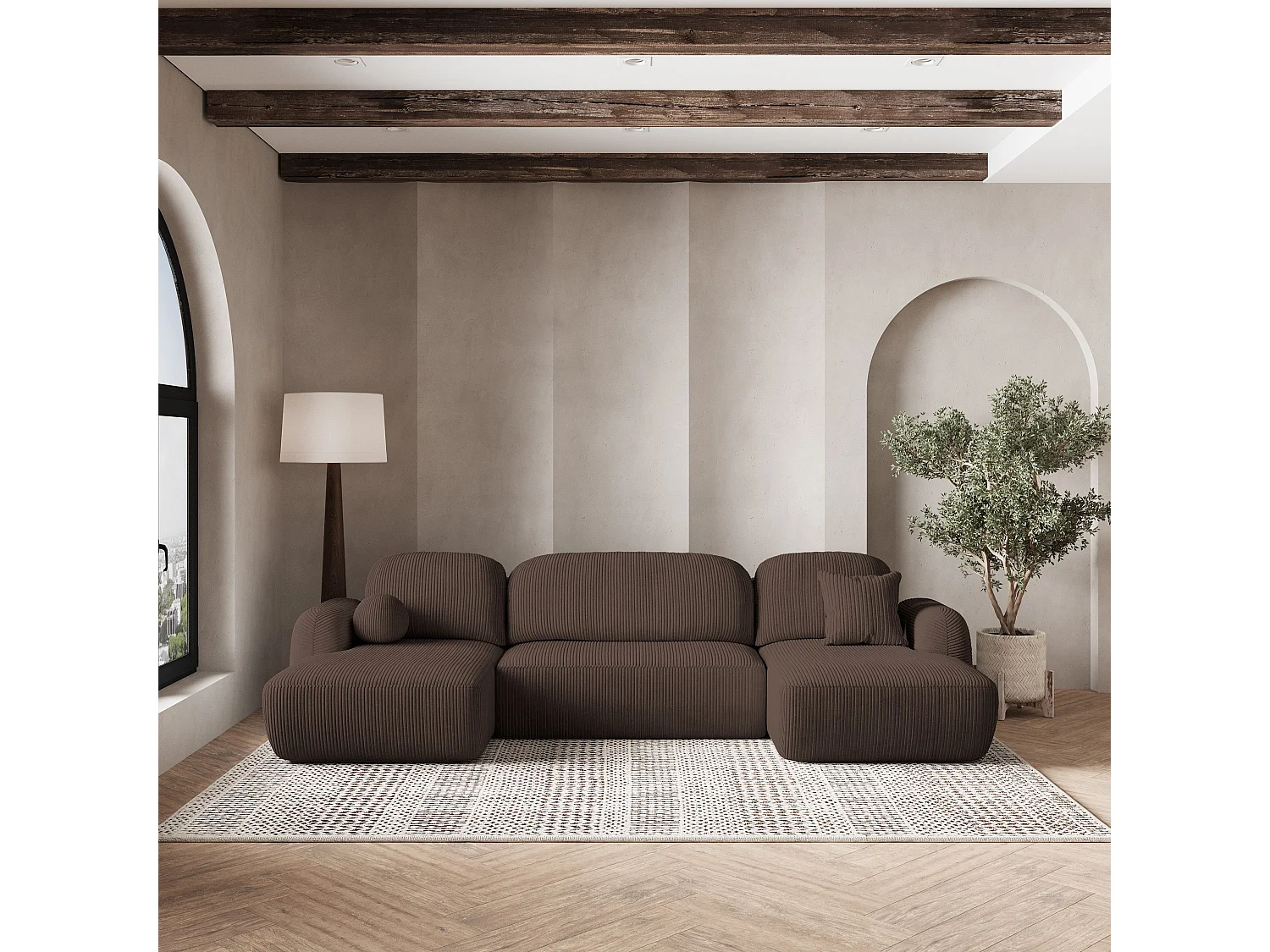 Canapé d'angle SAVONA Marron en velours côtelé avec fonction de couchage