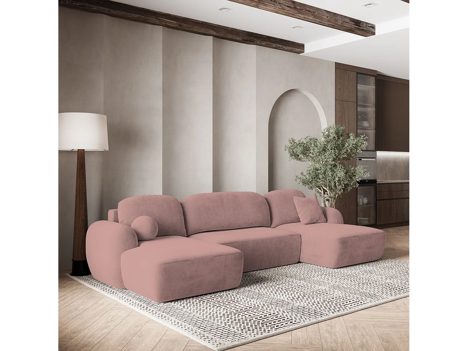 Canapé d'angle SAVONA Rose poudré en peluche avec fonction de couchage