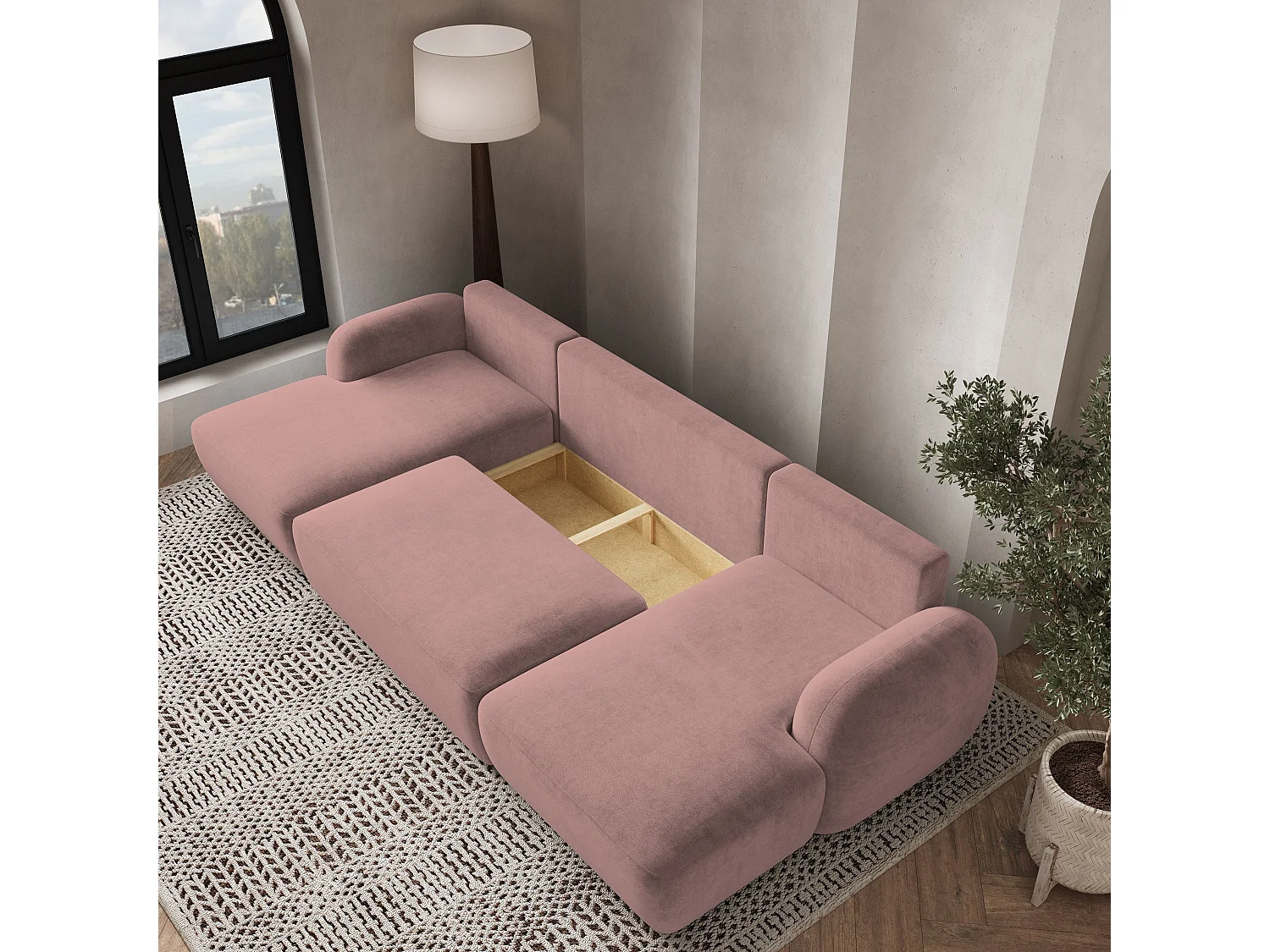 Canapé d'angle SAVONA Rose poudré en peluche avec fonction de couchage
