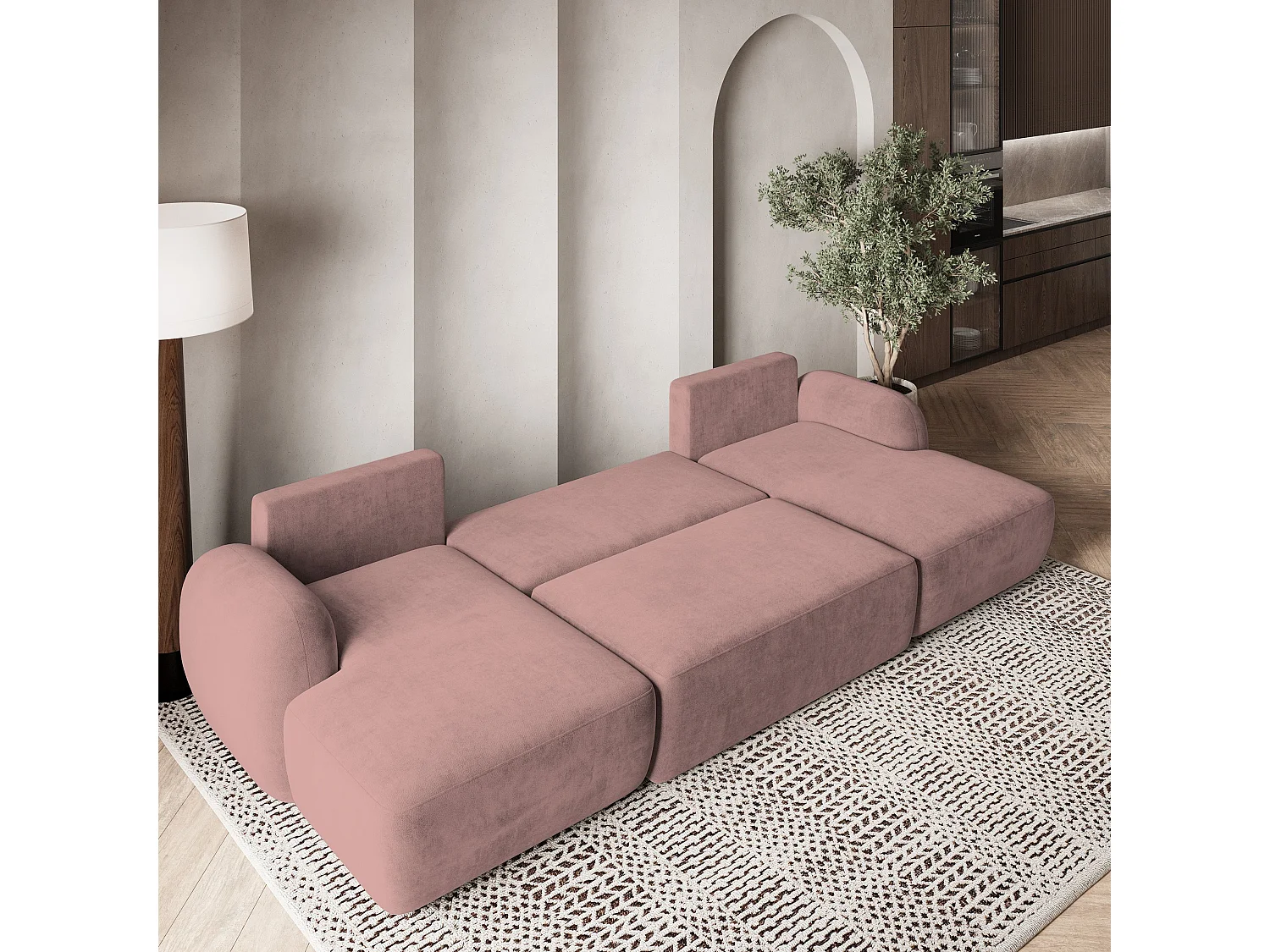Canapé d'angle SAVONA Rose poudré en peluche avec fonction de couchage