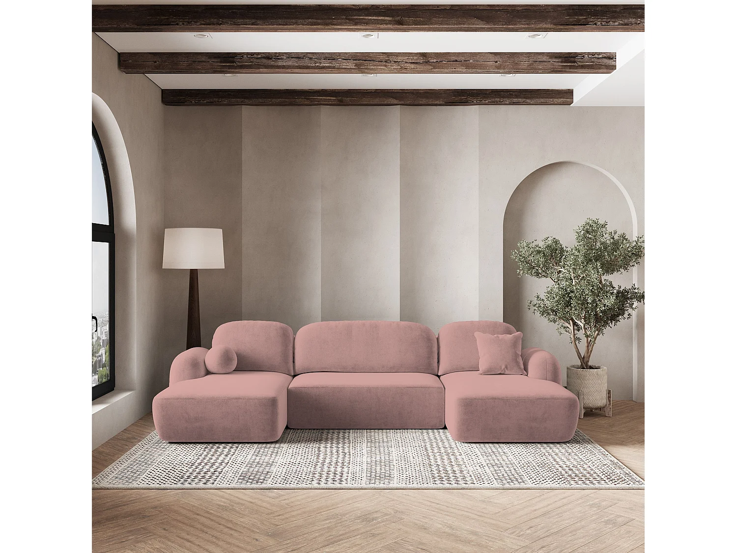 Canapé d'angle SAVONA Rose poudré en peluche avec fonction de couchage
