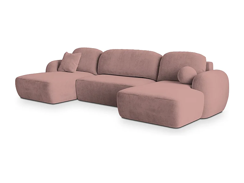 Canapé d'angle SAVONA Rose poudré en peluche avec fonction de couchage