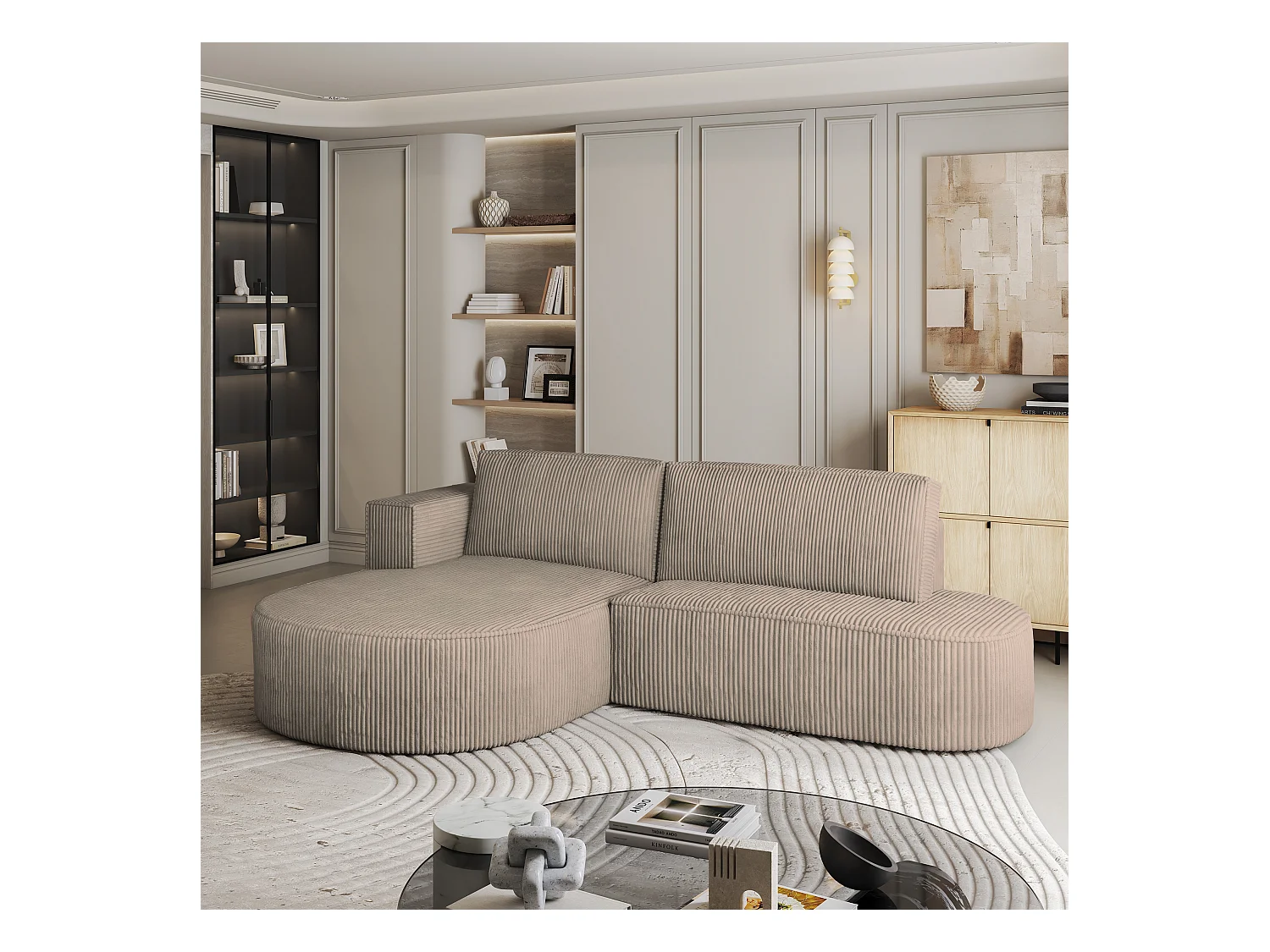 Canapé d'angle CORTIO Beige en velours côtelé avec fonction de couchage