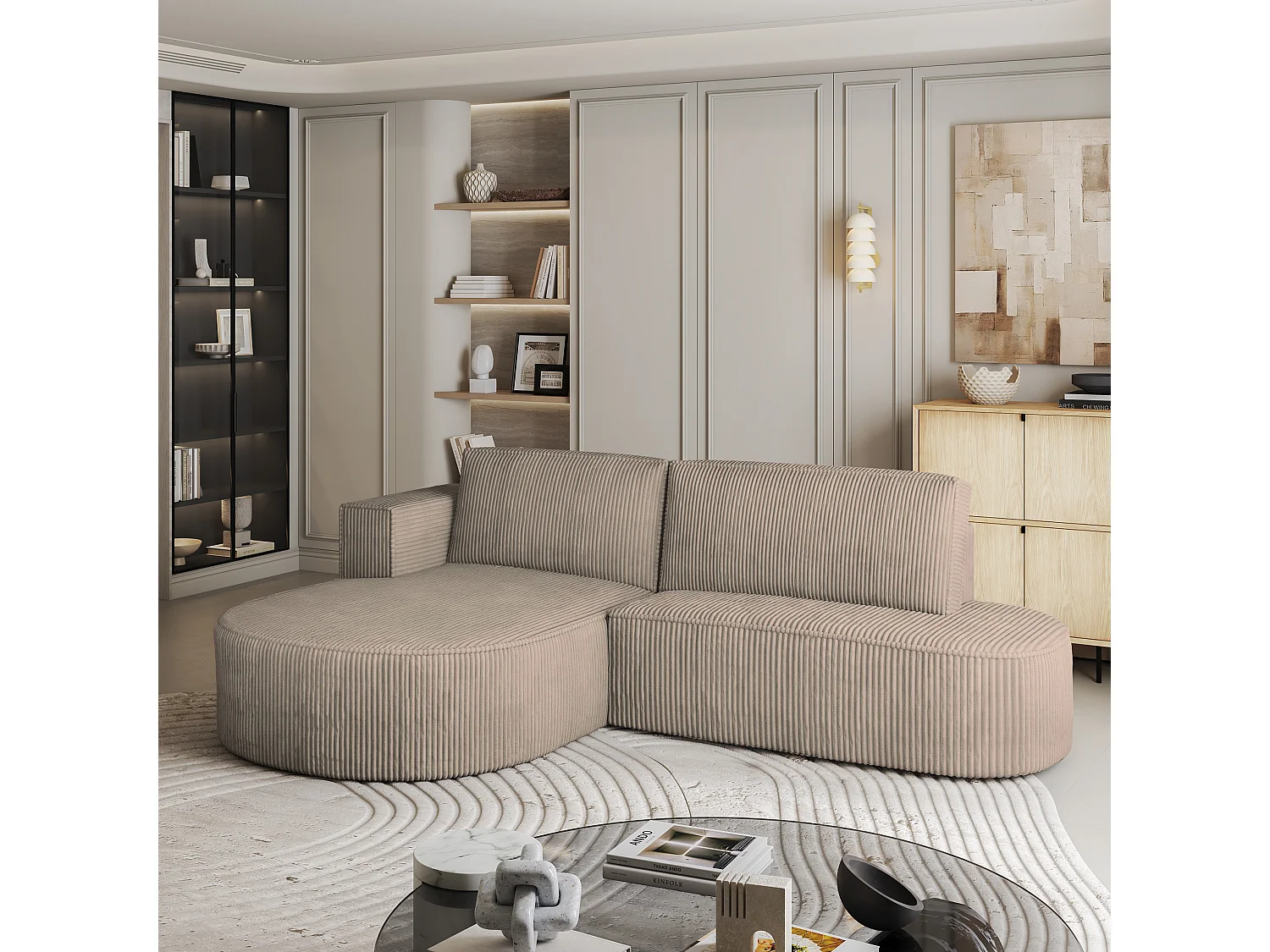 Canapé d'angle CORTIO Beige en velours côtelé avec fonction de couchage