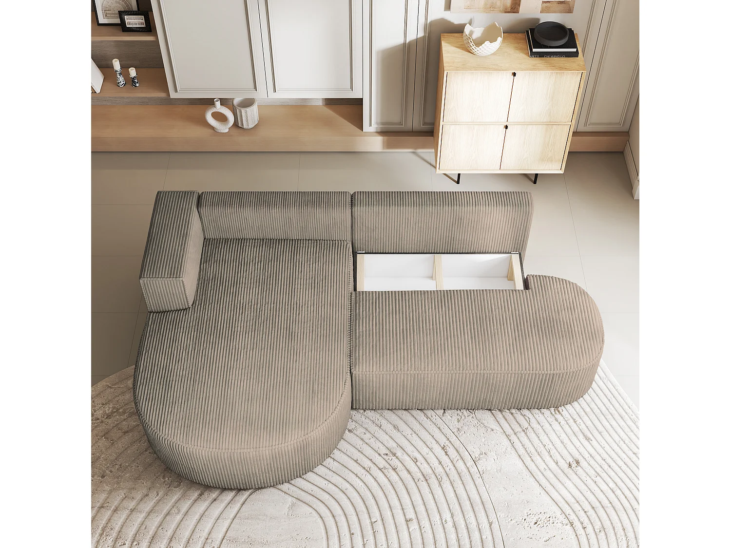 Canapé d'angle CORTIO Beige en velours côtelé avec fonction de couchage