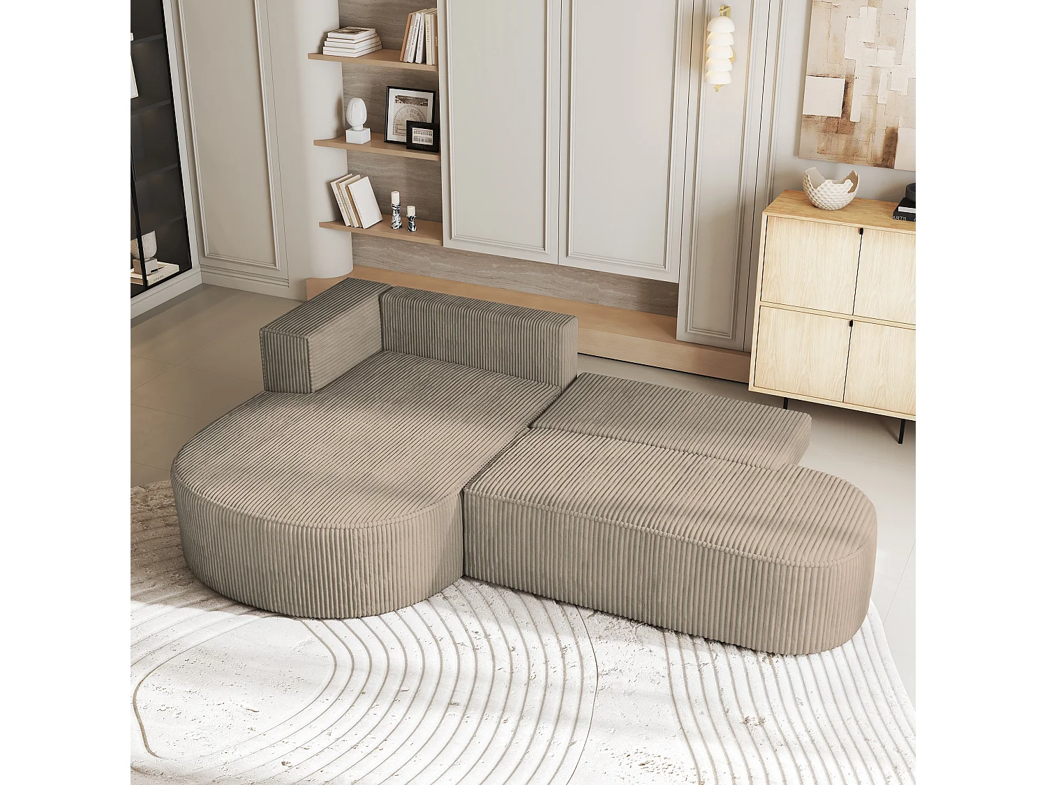 Canapé d'angle CORTIO Beige en velours côtelé avec fonction de couchage