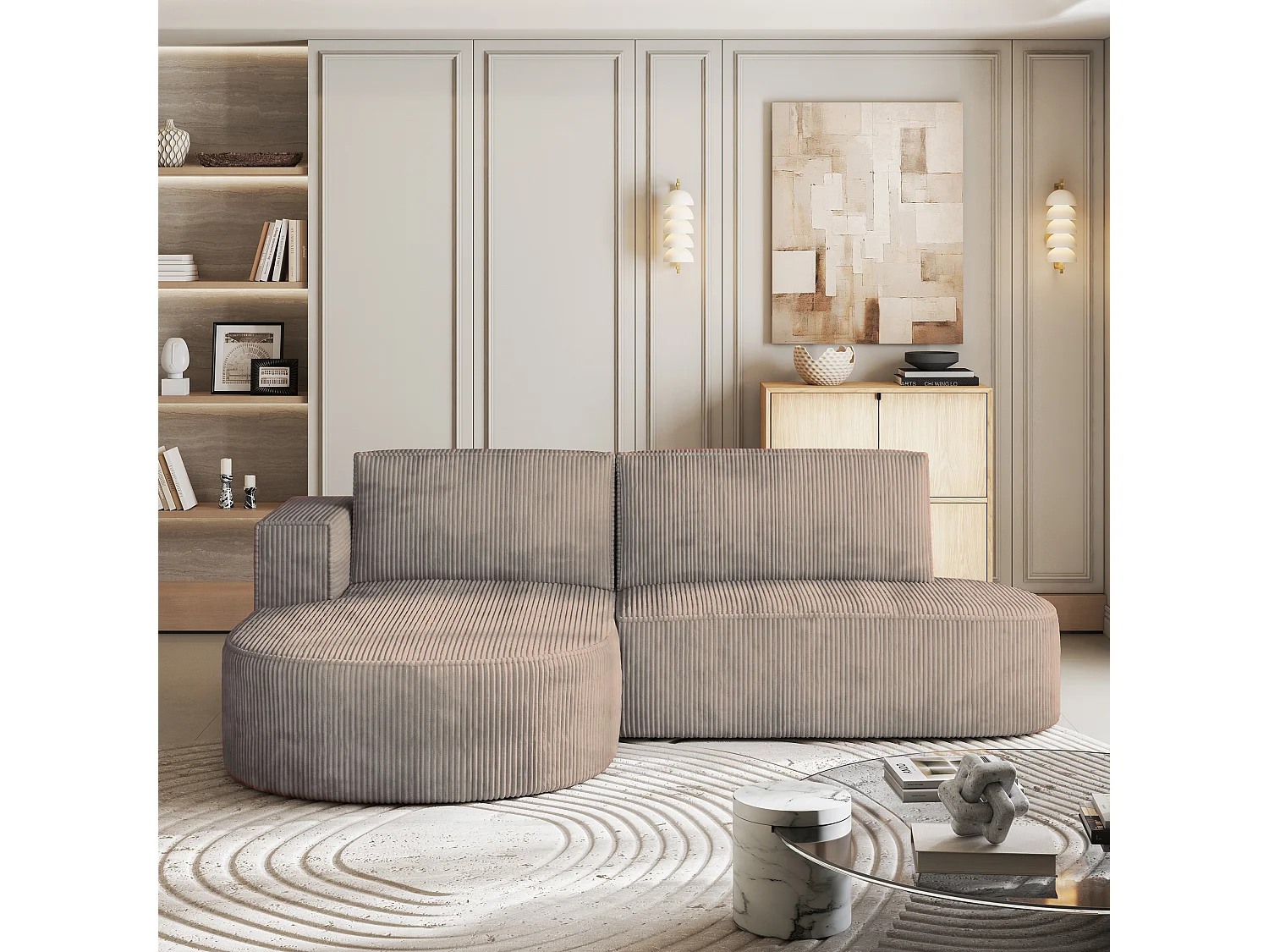 Canapé d'angle CORTIO Beige en velours côtelé avec fonction de couchage