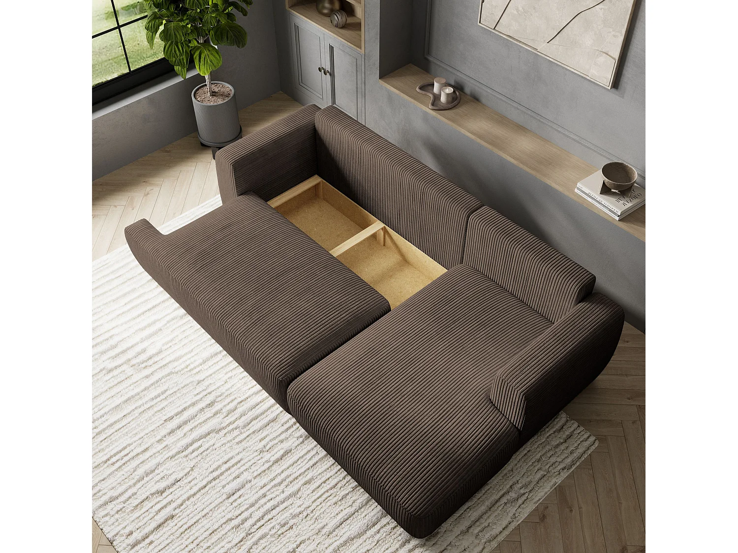 Canapé d'angle SENTI Marron en velours côtelé avec fonction de couchage