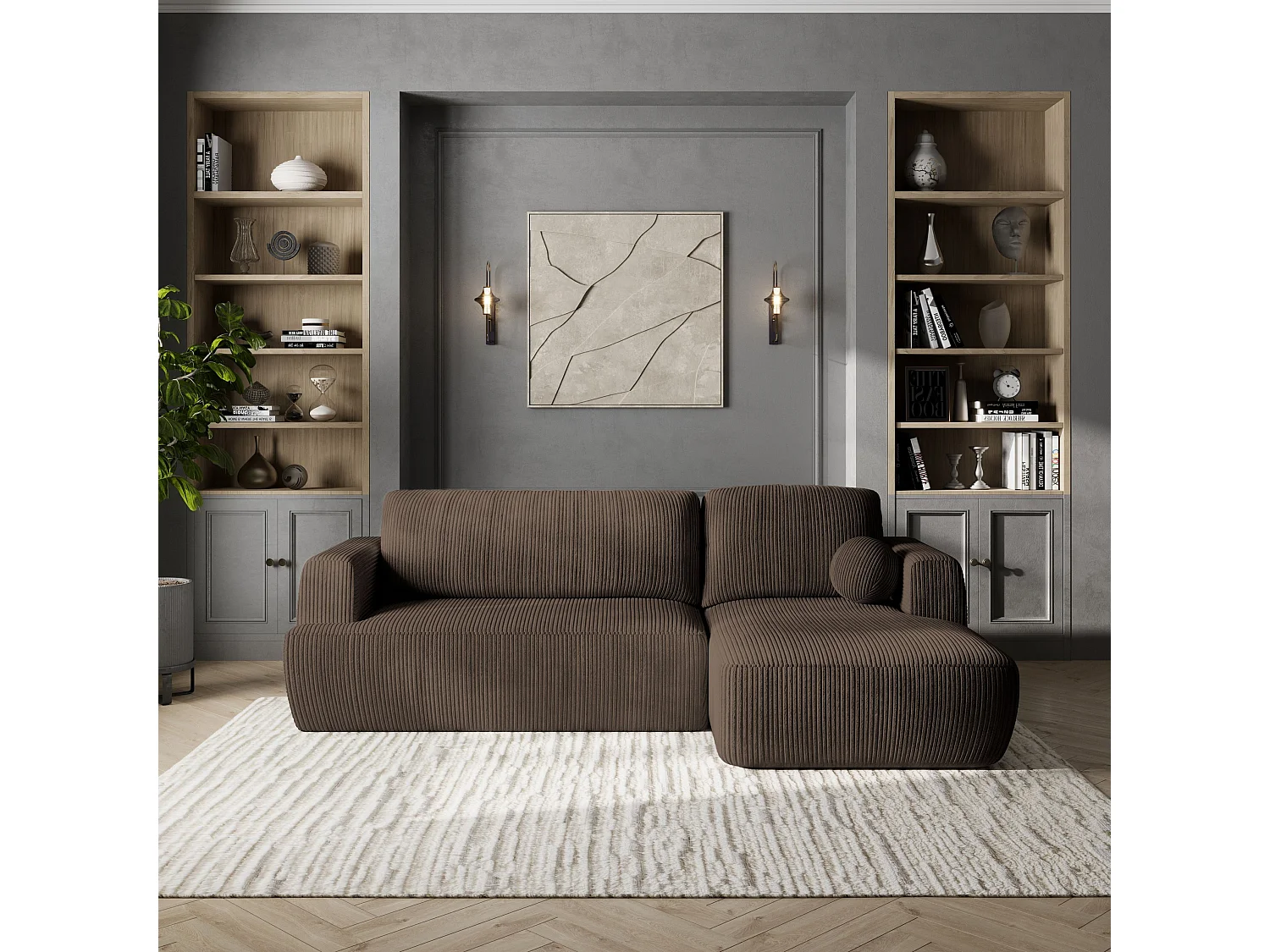 Canapé d'angle SENTI Marron en velours côtelé avec fonction de couchage