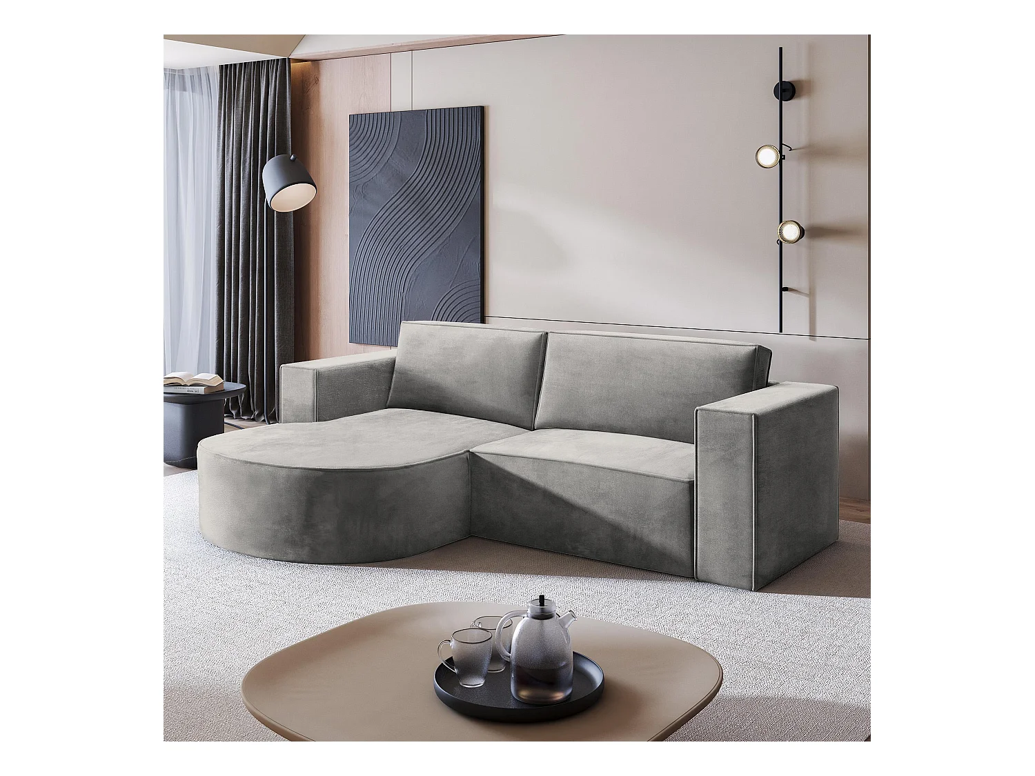 Canapé d'angle SORELA Gris clair en velours avec fonction de couchage