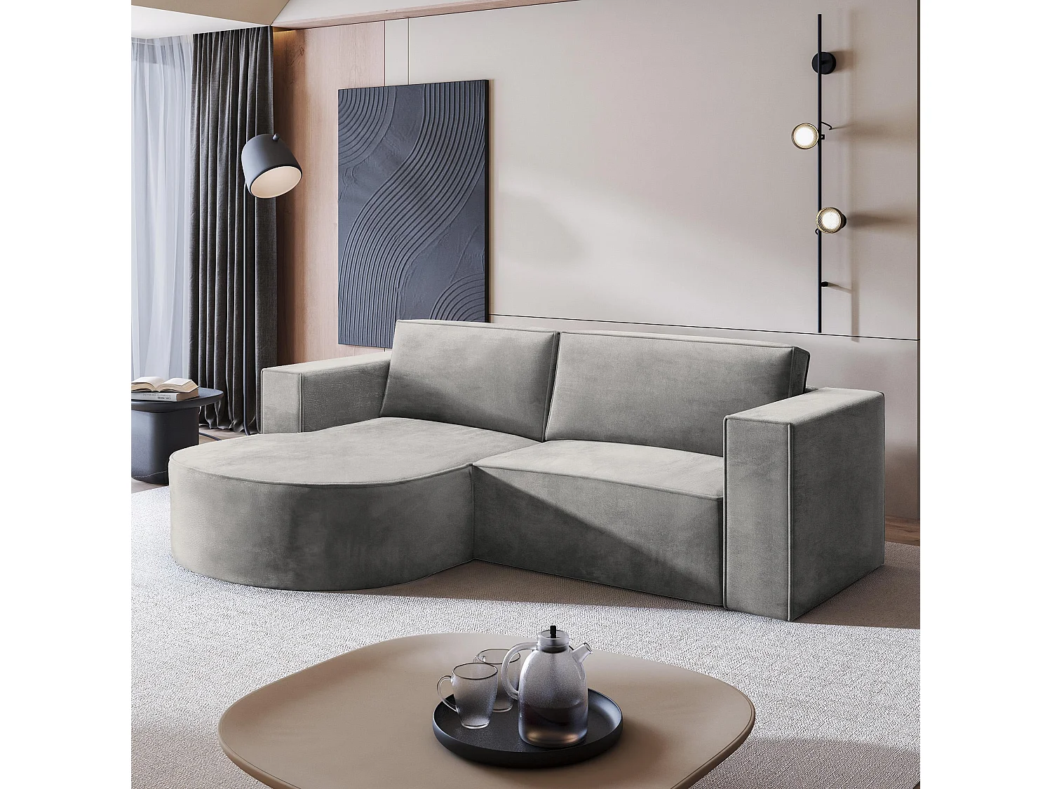 Canapé d'angle SORELA Gris clair en velours avec fonction de couchage