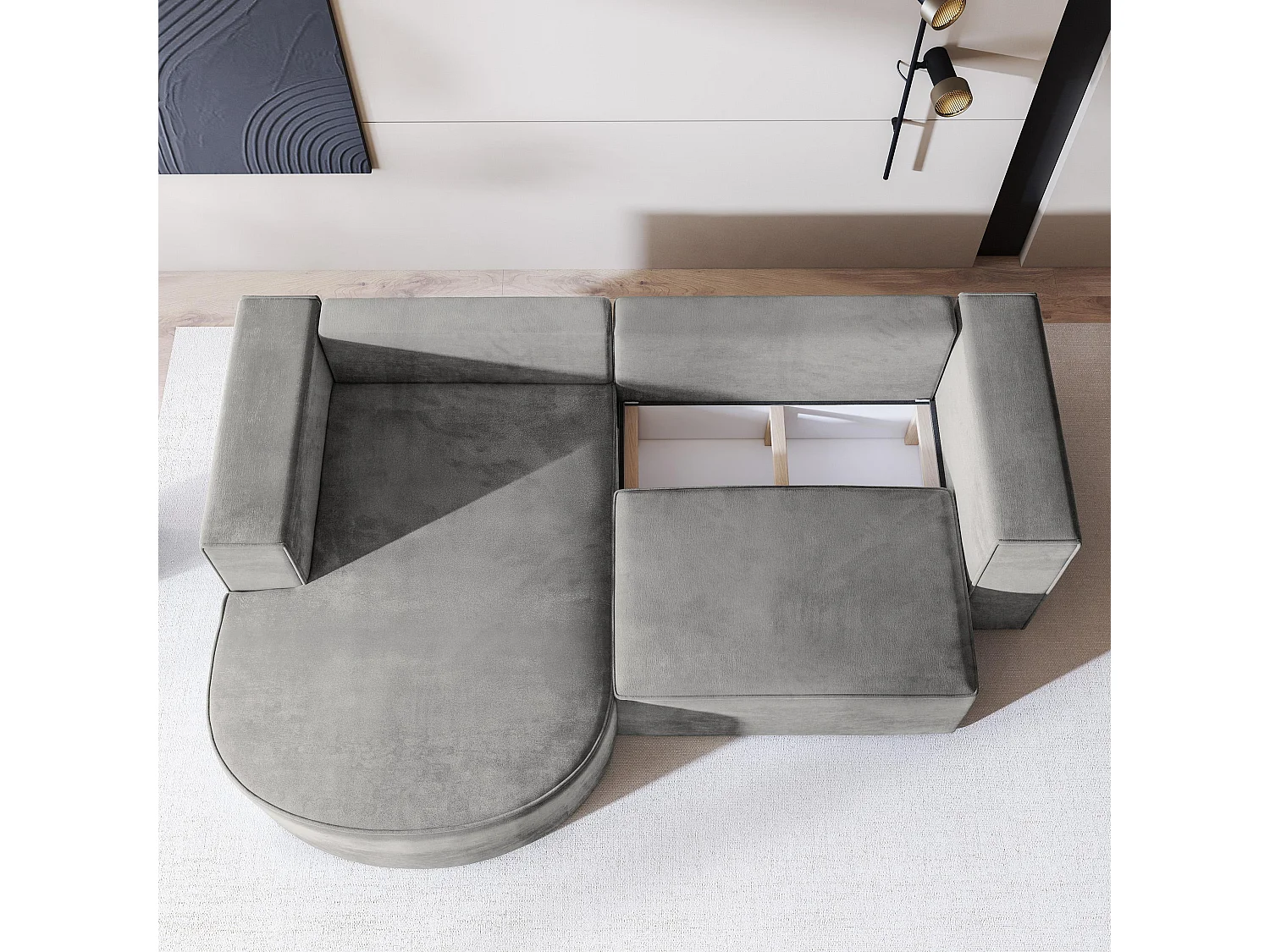 Canapé d'angle SORELA Gris clair en velours avec fonction de couchage