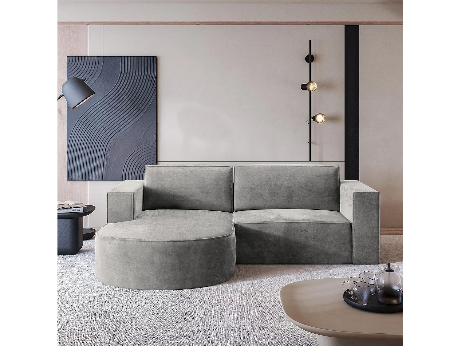 Canapé d'angle SORELA Gris clair en velours avec fonction de couchage