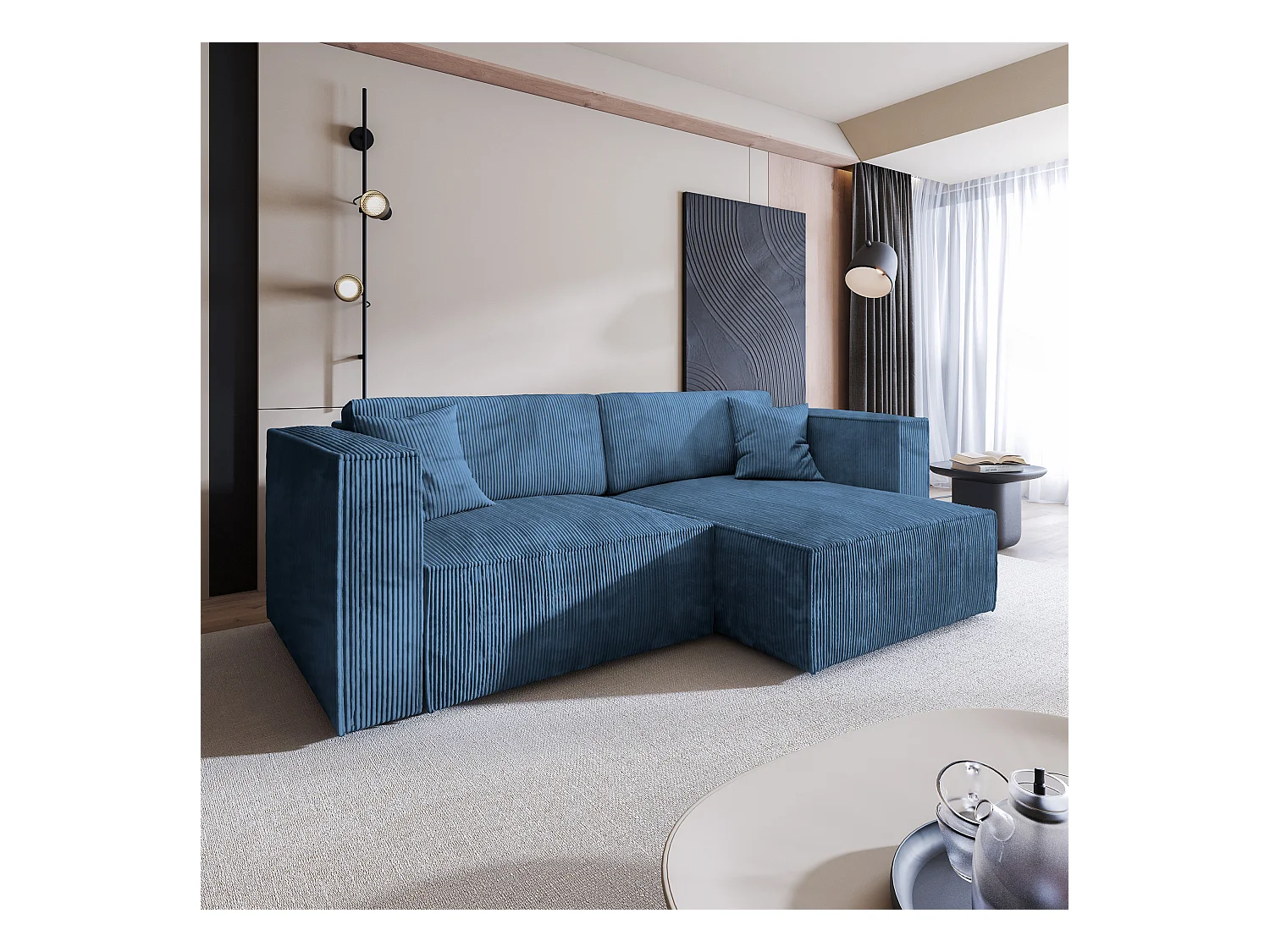 Canapé d'angle NERIO Bleu en velours côtelé avec fonction de couchage