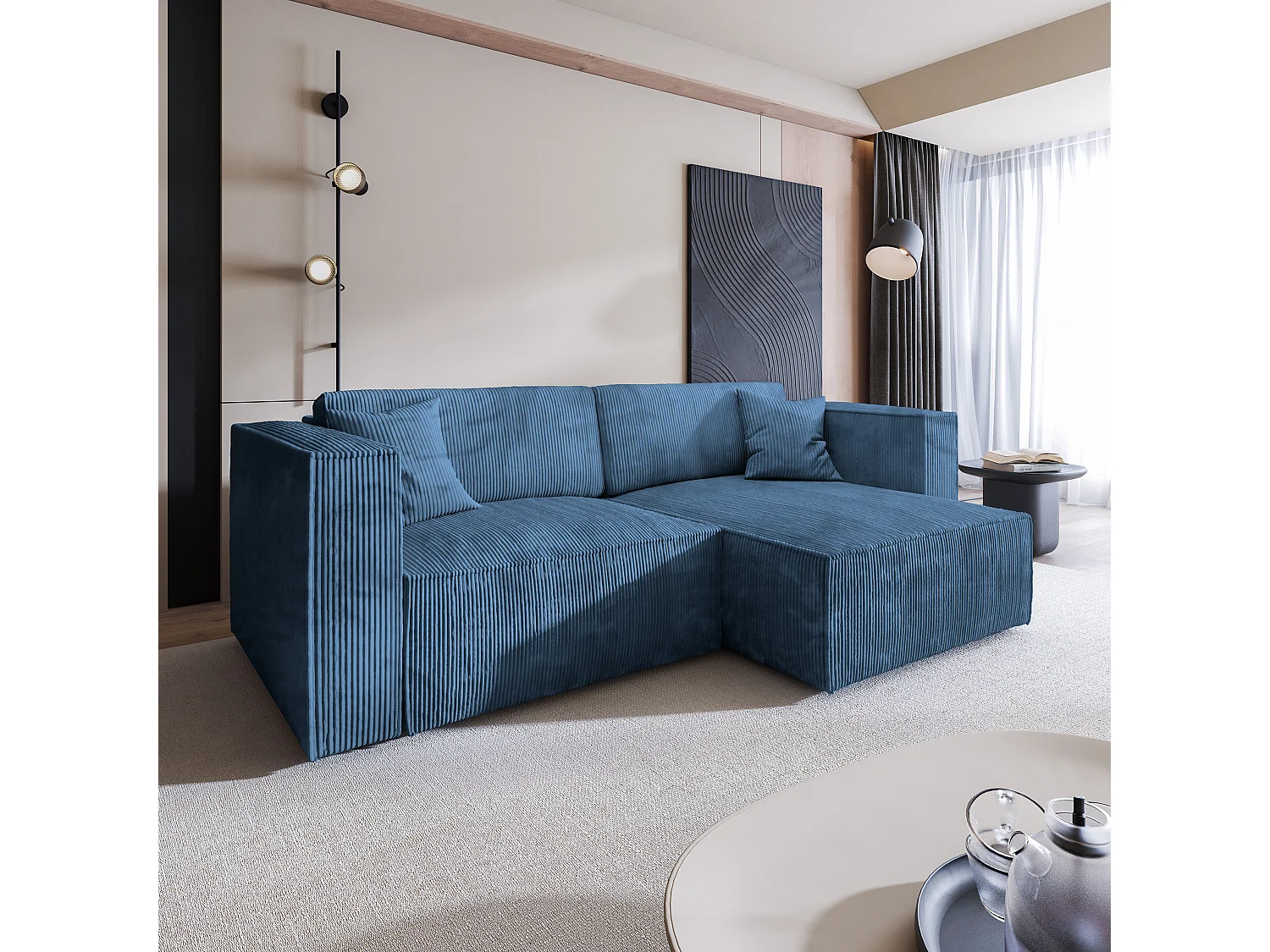 Canapé d'angle NERIO Bleu en velours côtelé avec fonction de couchage