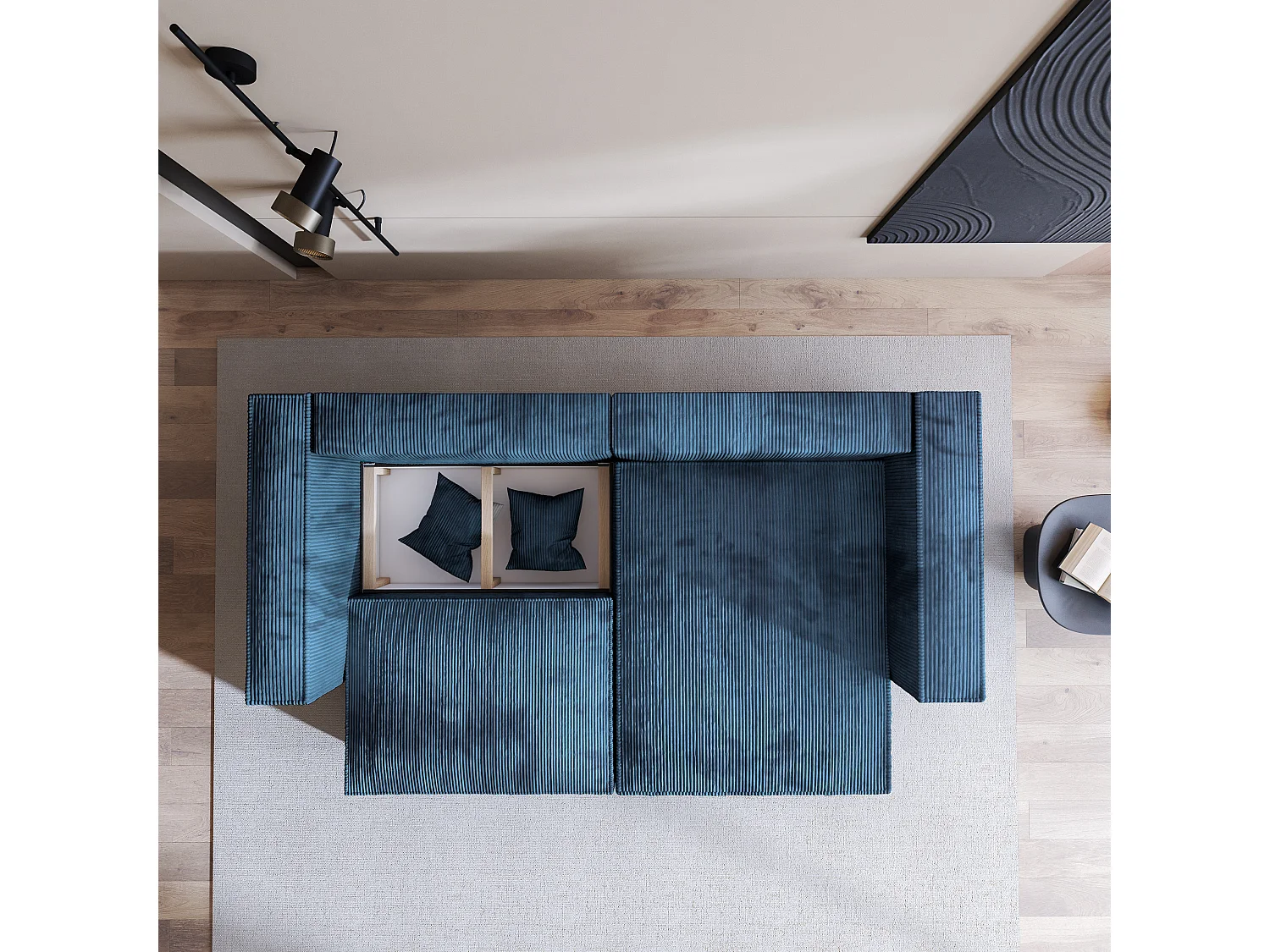 Canapé d'angle NERIO Bleu en velours côtelé avec fonction de couchage